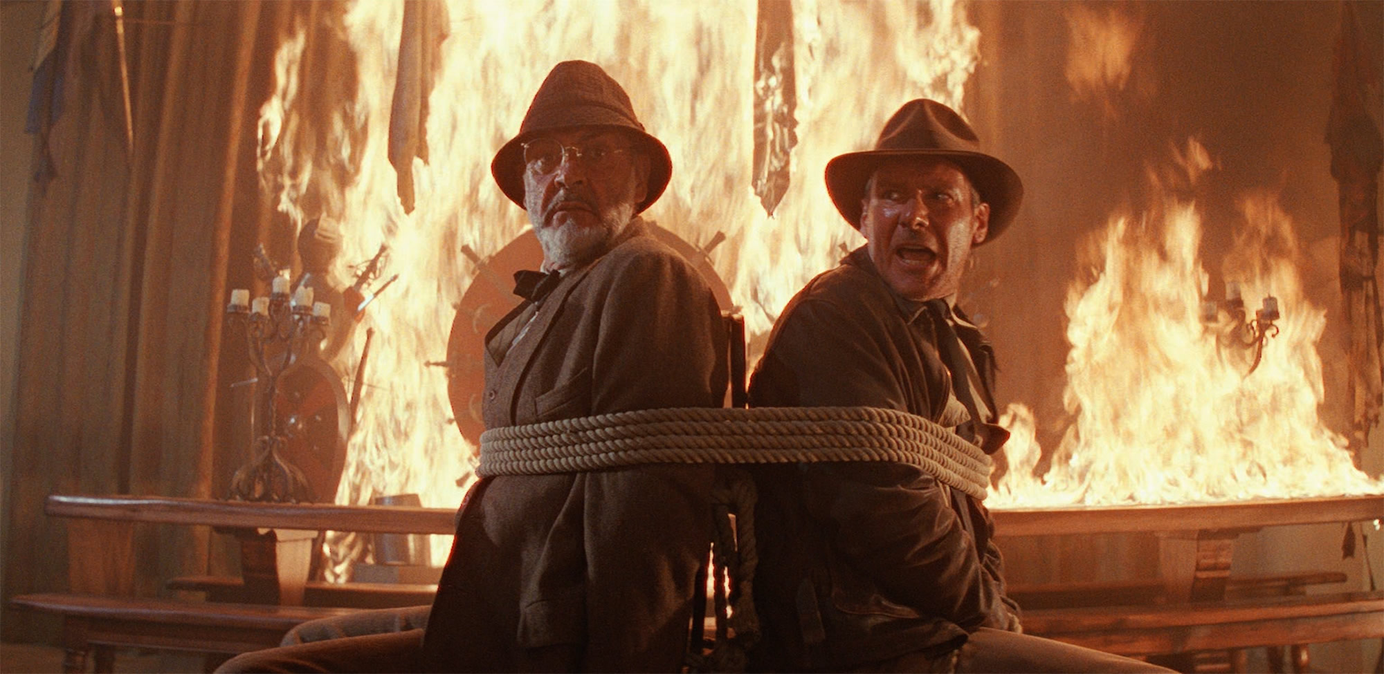 professor henry jones and indiana jones tied up, fire, Indiana Jones and The Last Crusade