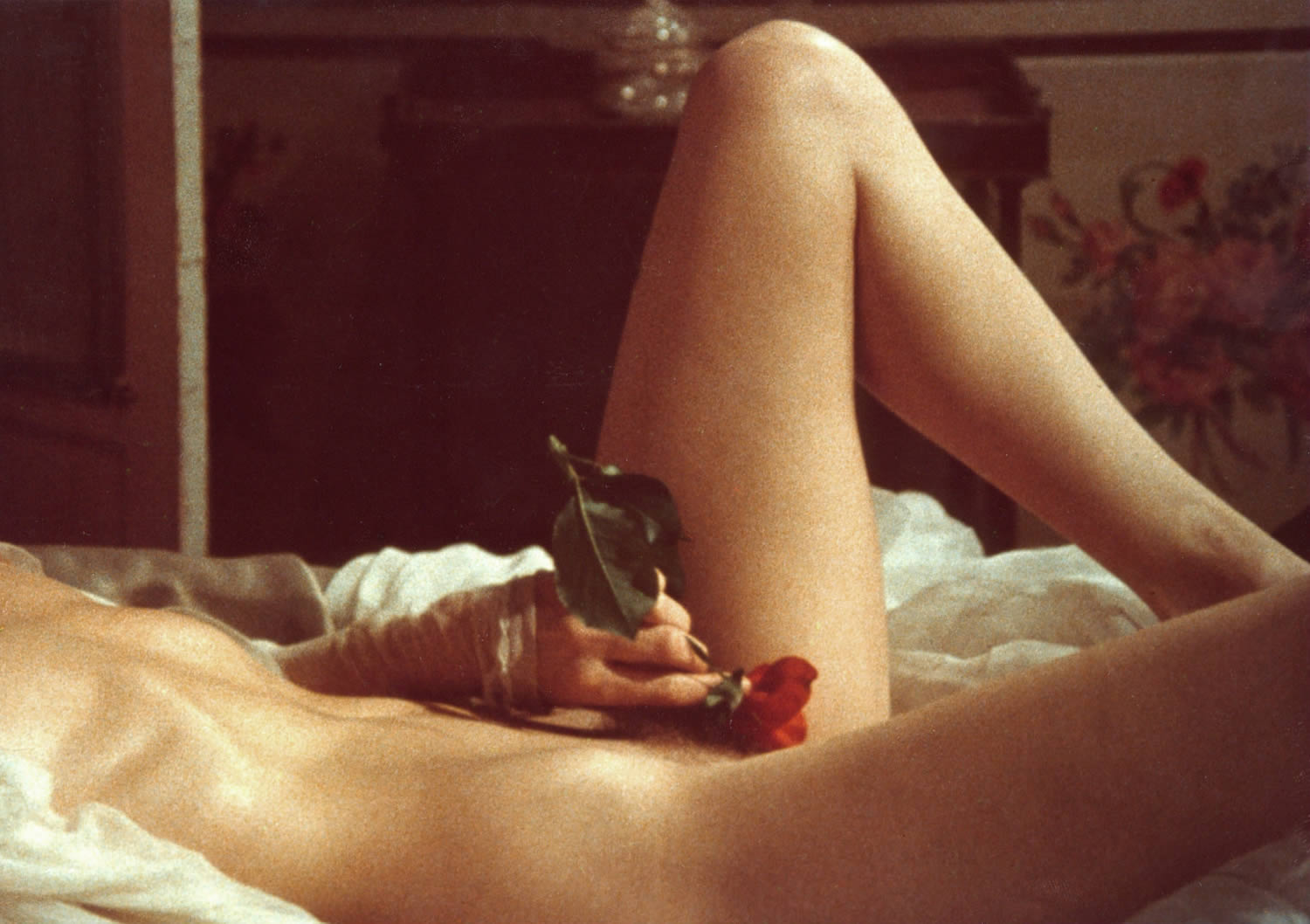 woman holding red rose to body, the beast 1975, la bete