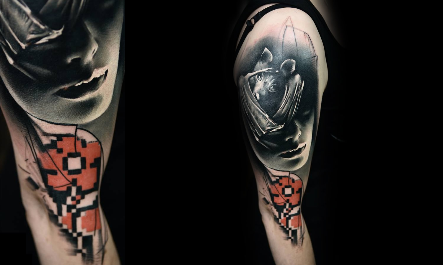 bat and woman, portrait tattoo by timur lysenko
