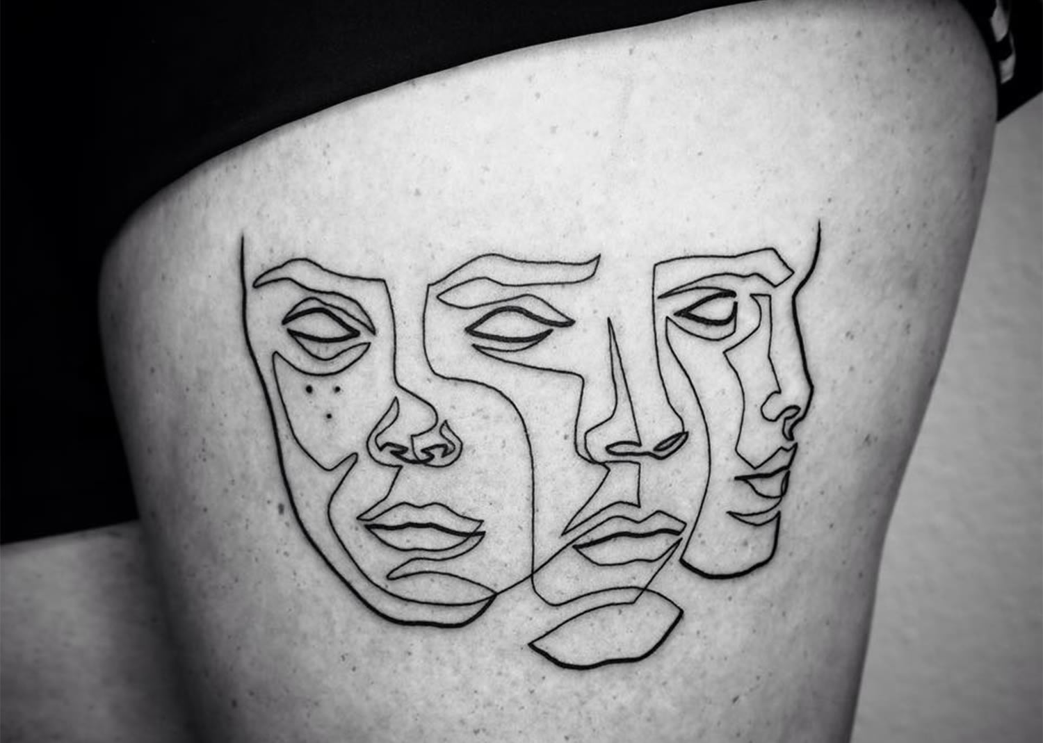 three faces, portrait tattoo, line art by mo ganji