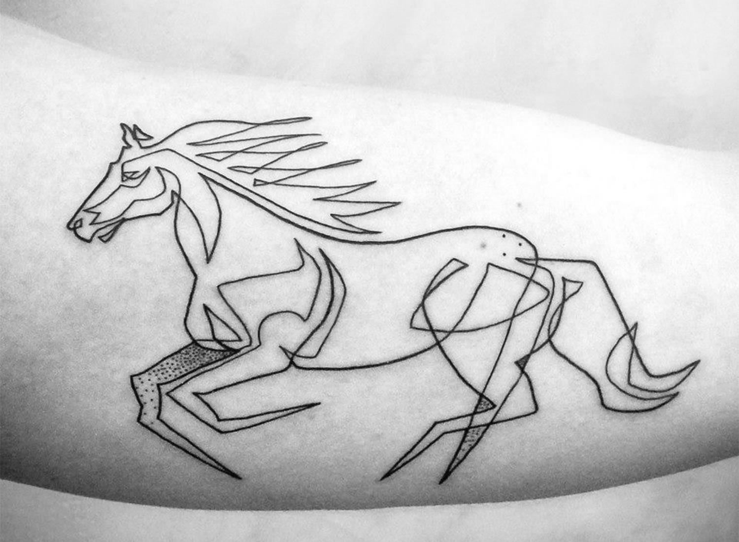 line art tattoo, a horse running in the wind by mo ganji