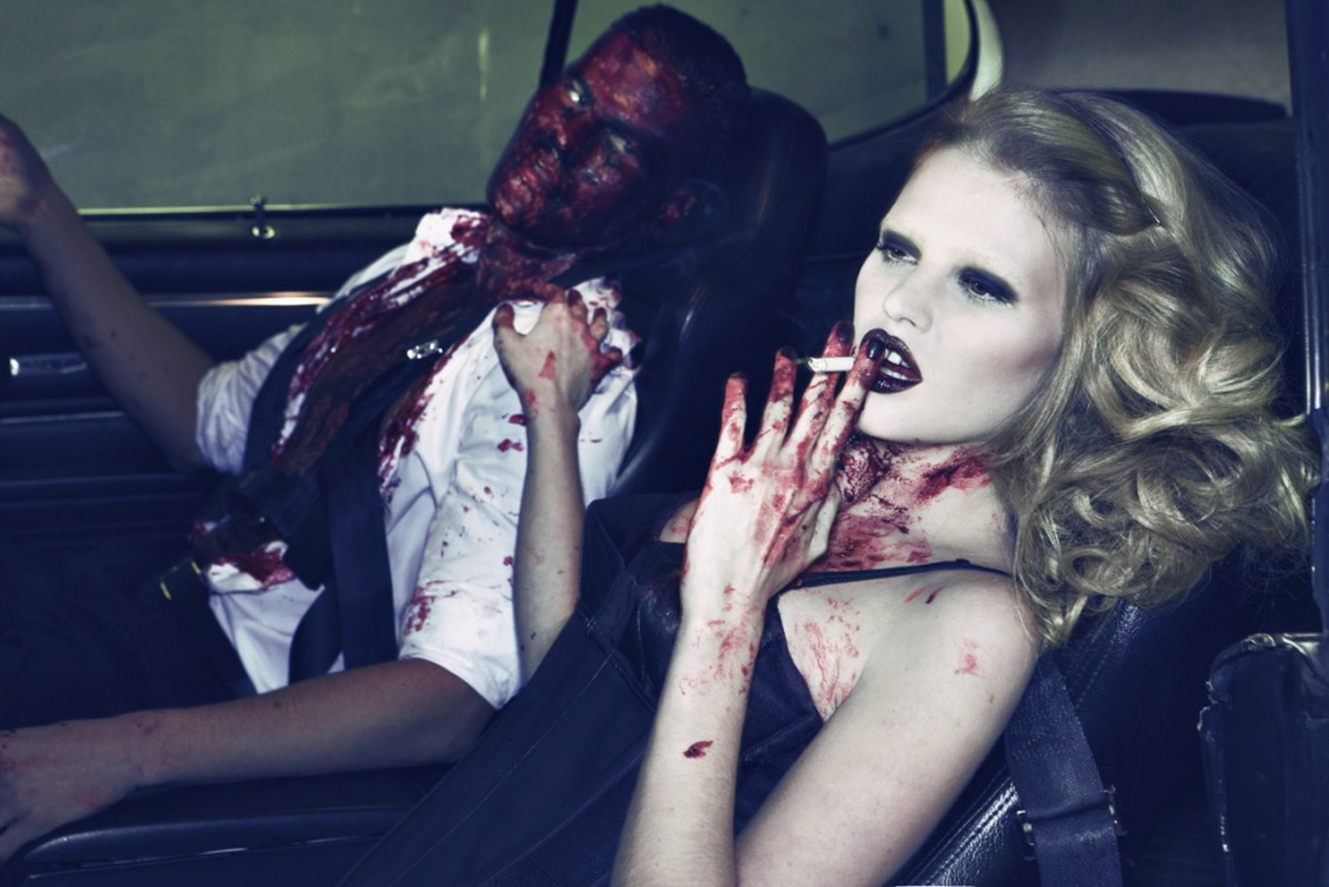 Steven Klein, for Vogue - woman smoking cigarette in car next to bloodied man