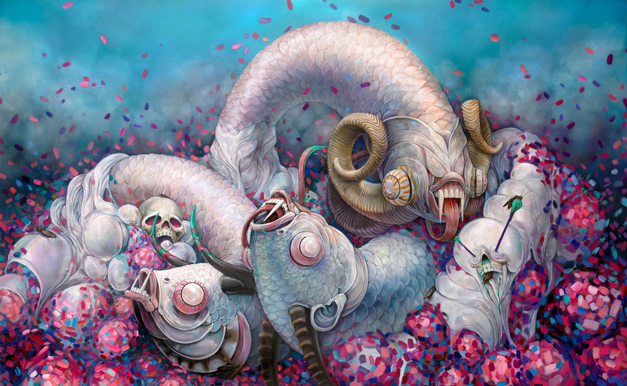 Hannah Faith Yata - Polymorphous (Furies) - oil painting of twisting serpent hybrid creatures