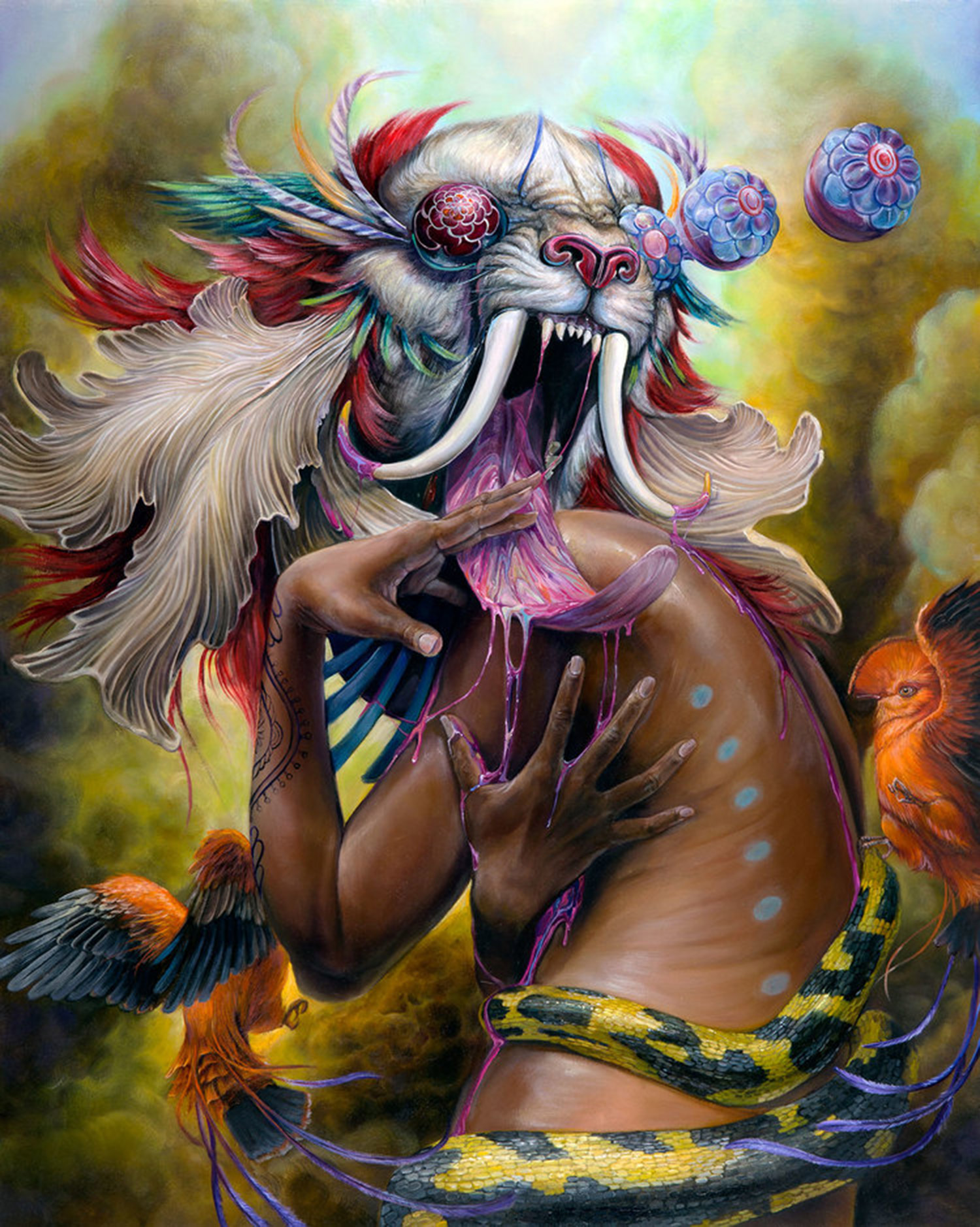 Hannah Faith Yata - Unrepentant Susanna - oil painting of tribal lion-headed figure