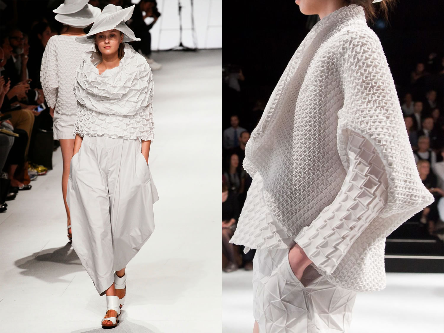 white clothing, with patterns and textures, by Issey Miyake