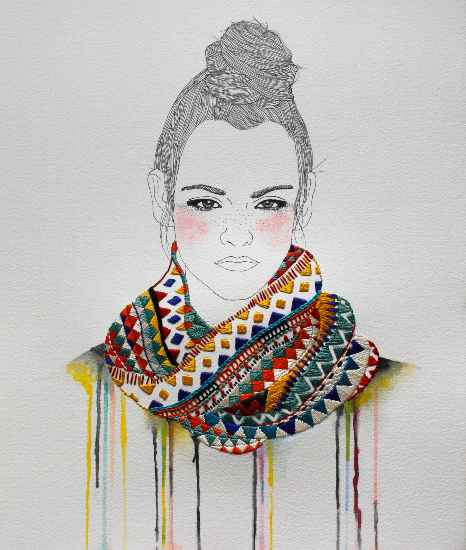 Embroidery on paper gives Izziyana Suhaimi's drawings a three-dimensional feel.