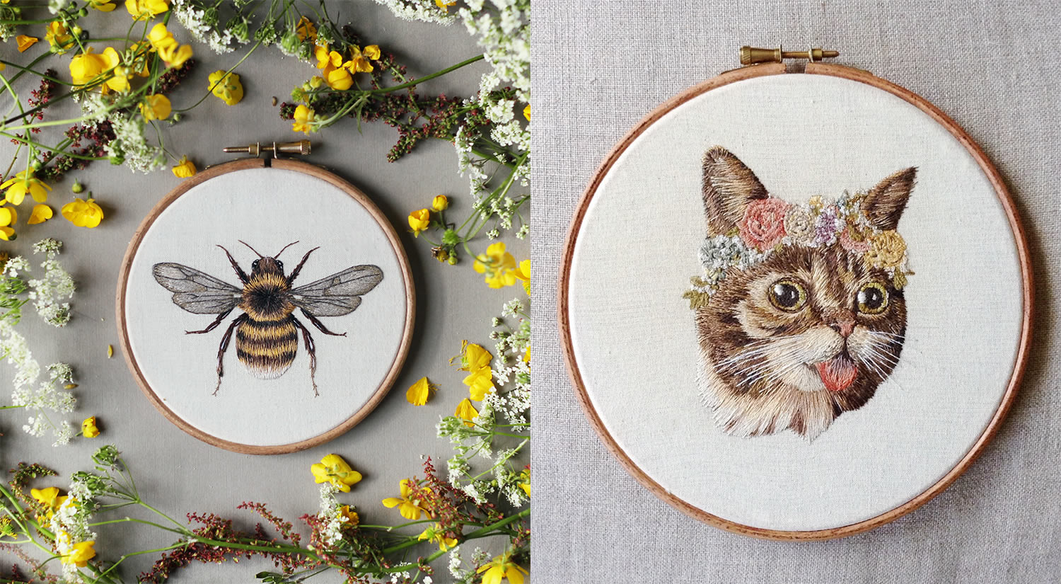 bumblebee and cat embroidery by Emillie Ferris