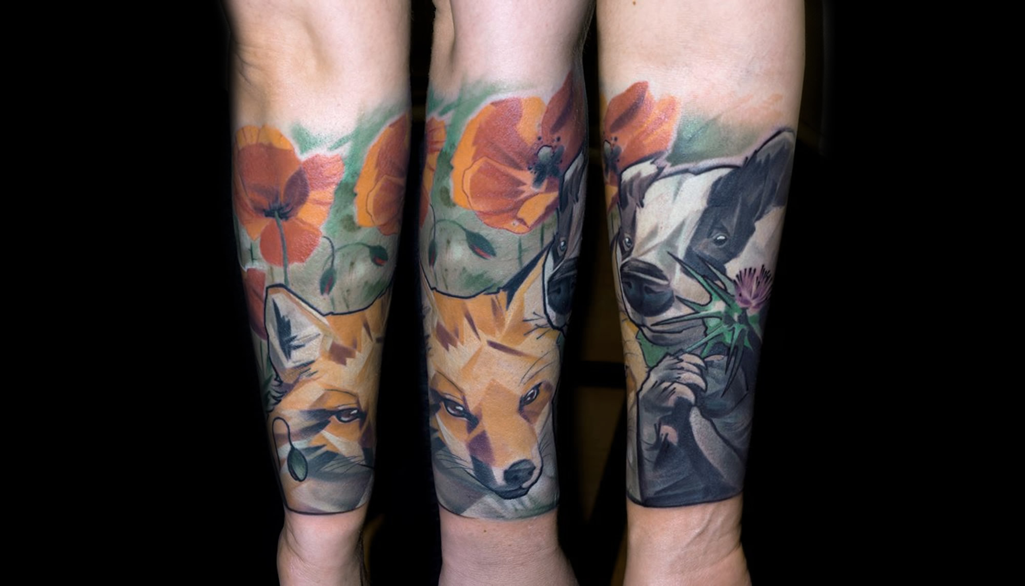 fox and flowers tattoo by Halasz Matayas