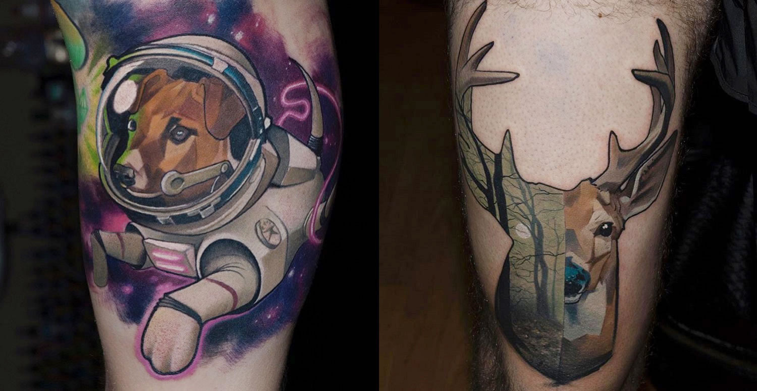 astronaut dog and deer tattoos by Halasz Matayas