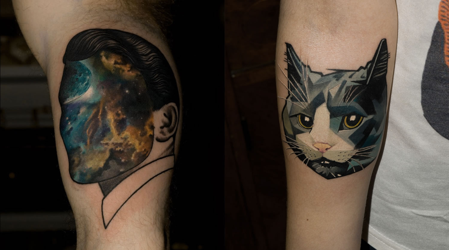 man with galaxy face and cat tattoos, double exposure