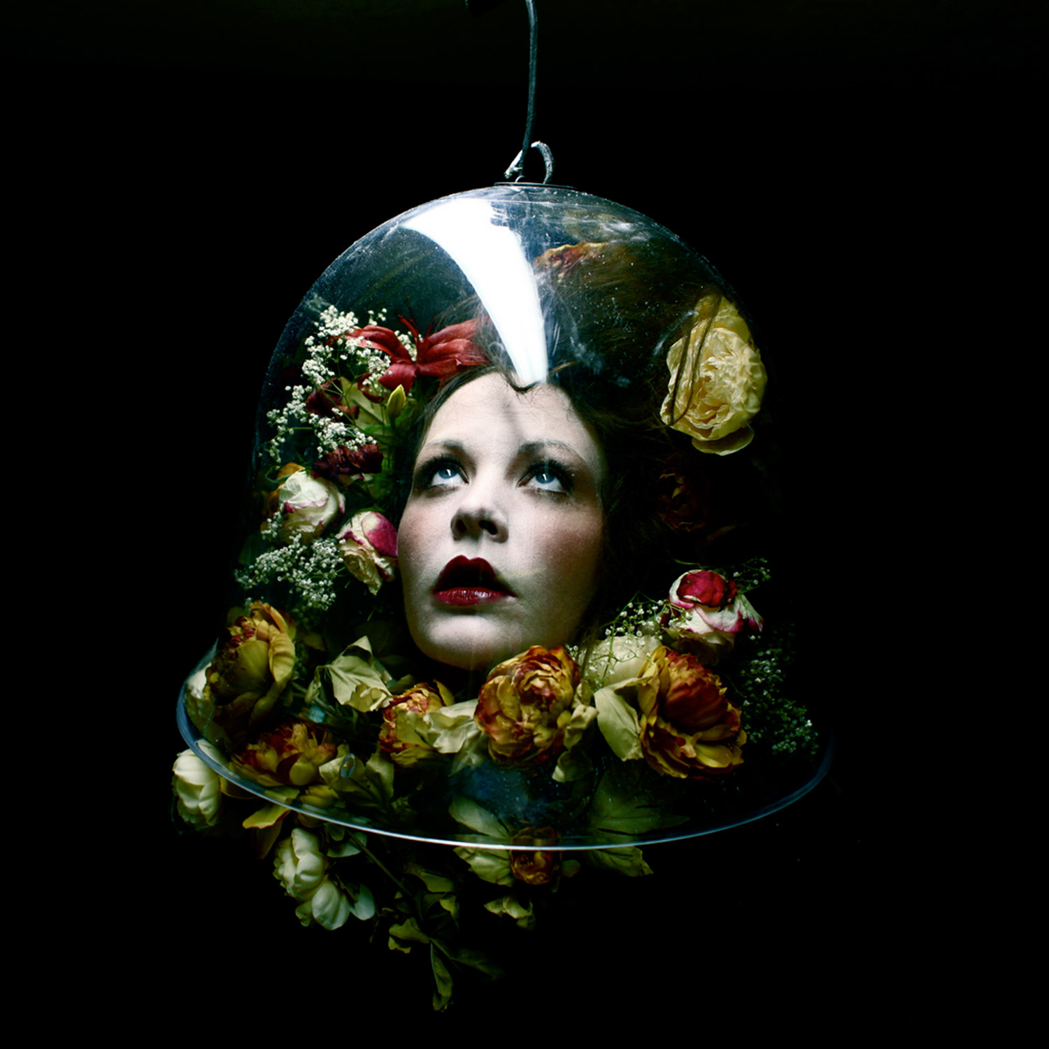 Helen Warner, Preservation - melancholic head among flowers in a bell jar