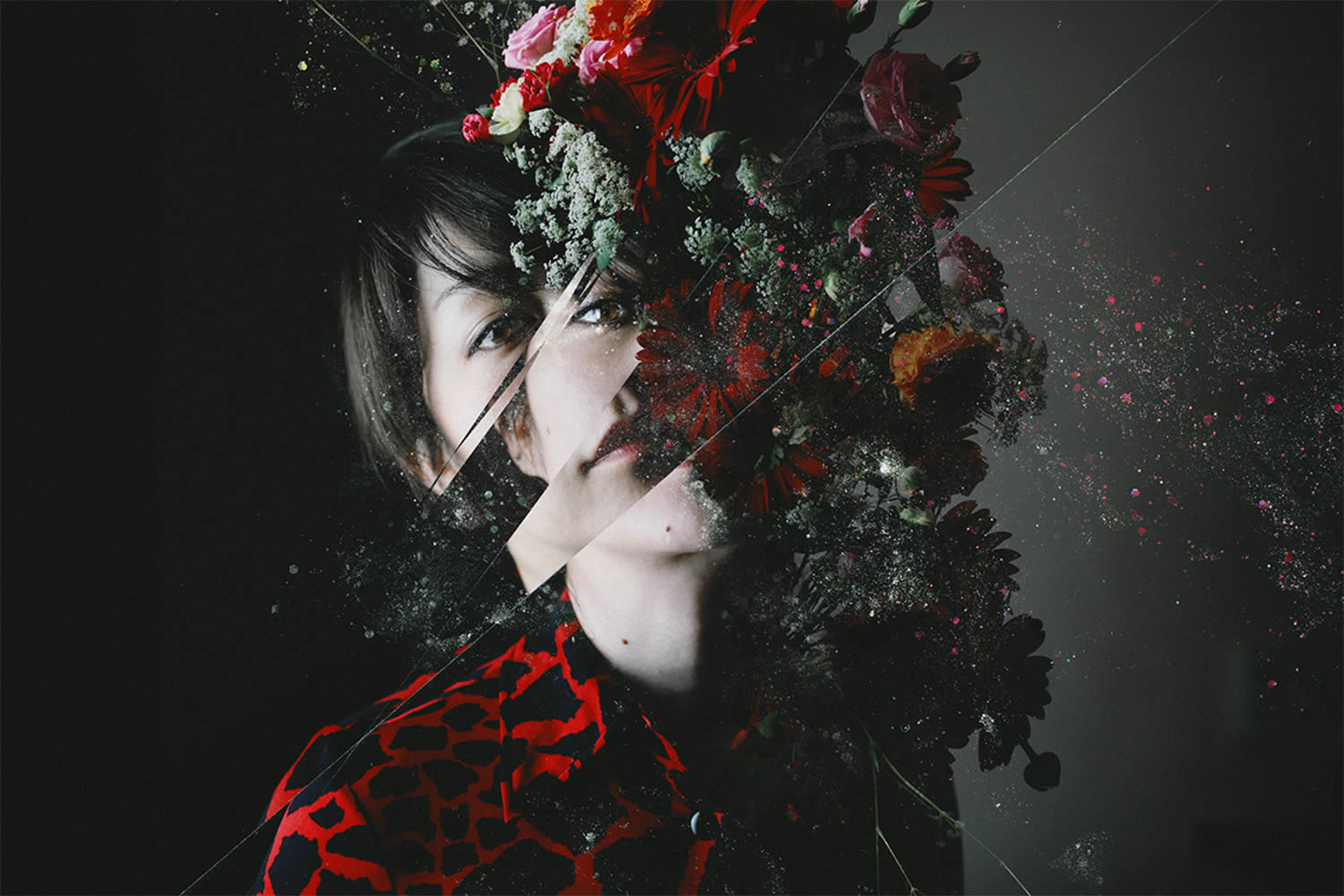 portraiture, broken glass, an assortment of flowers