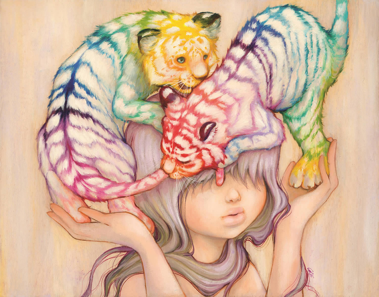 baby tigers on girl's head, painting by Camilla d’Errico