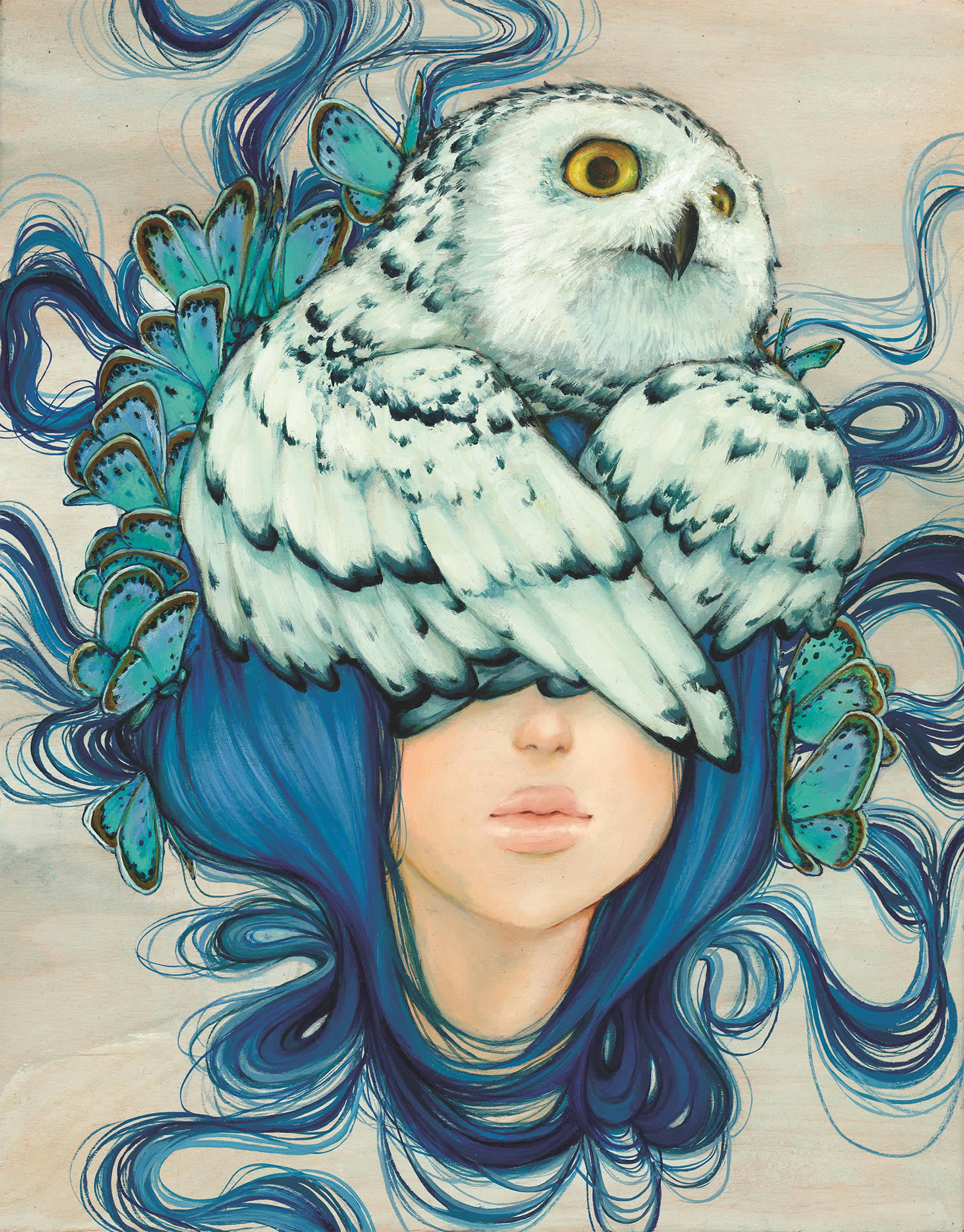 owl face girl, pop painting by Camilla d’Errico