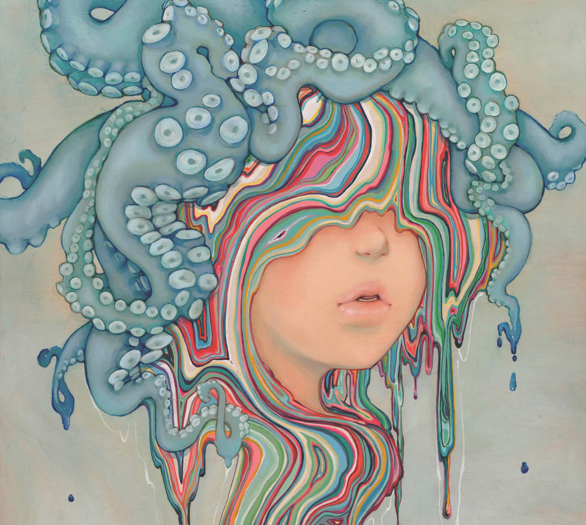 suckerpunch, melting rainbow paint face, by Camilla d’Errico