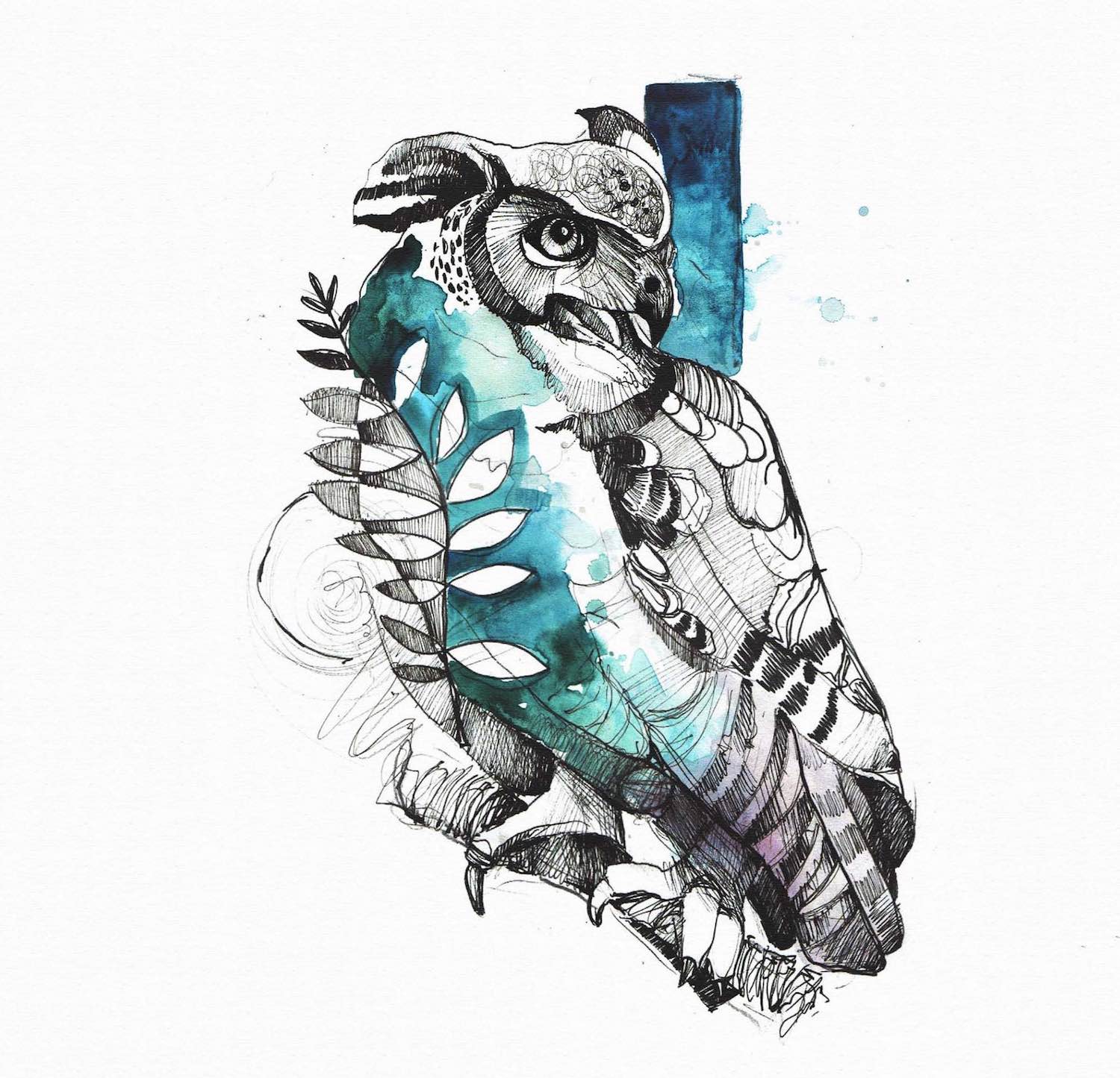 Joanna Swirska dzolama tattoo artist owl watercolor painting