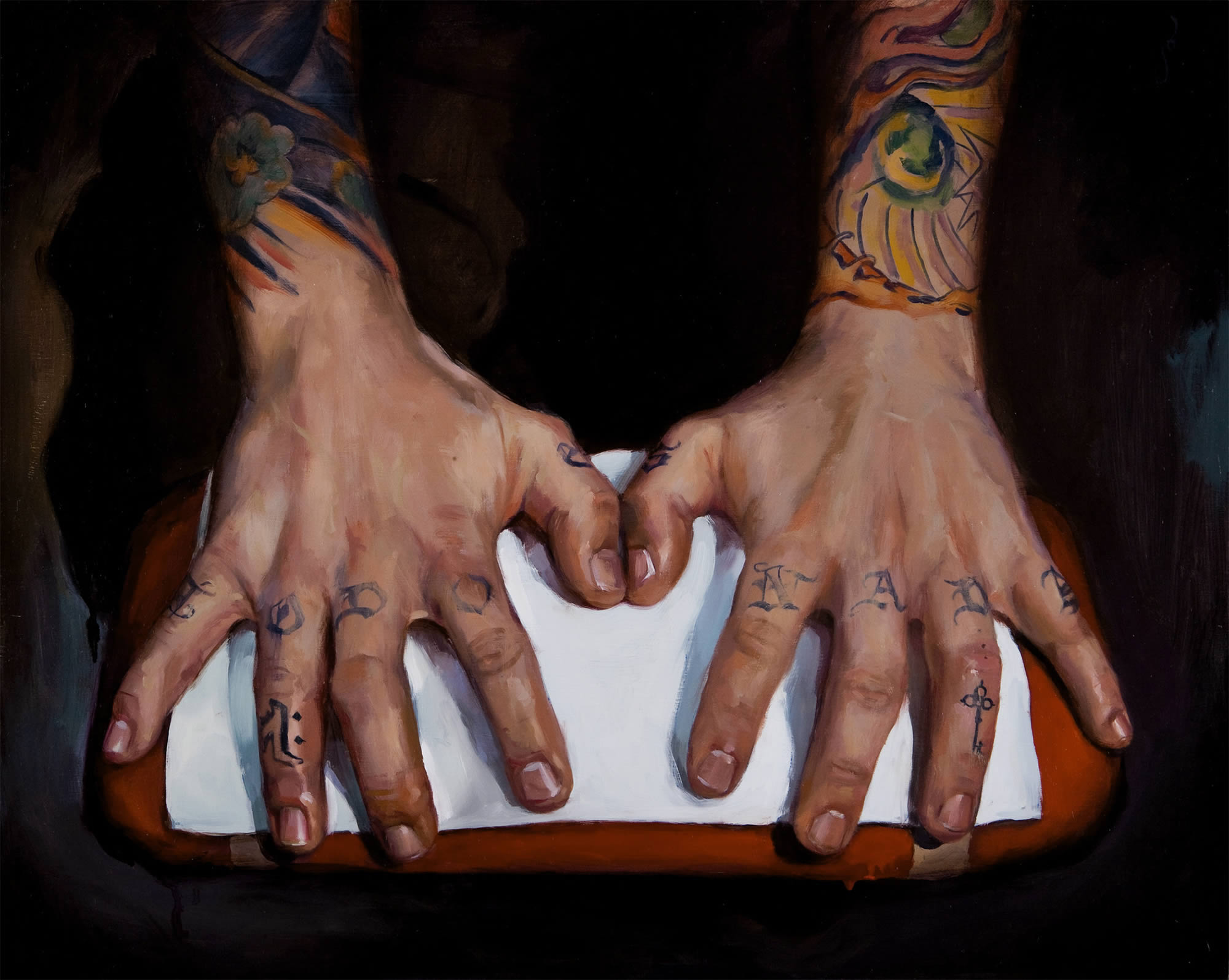 oil painting of tattooed hands by shawn barber