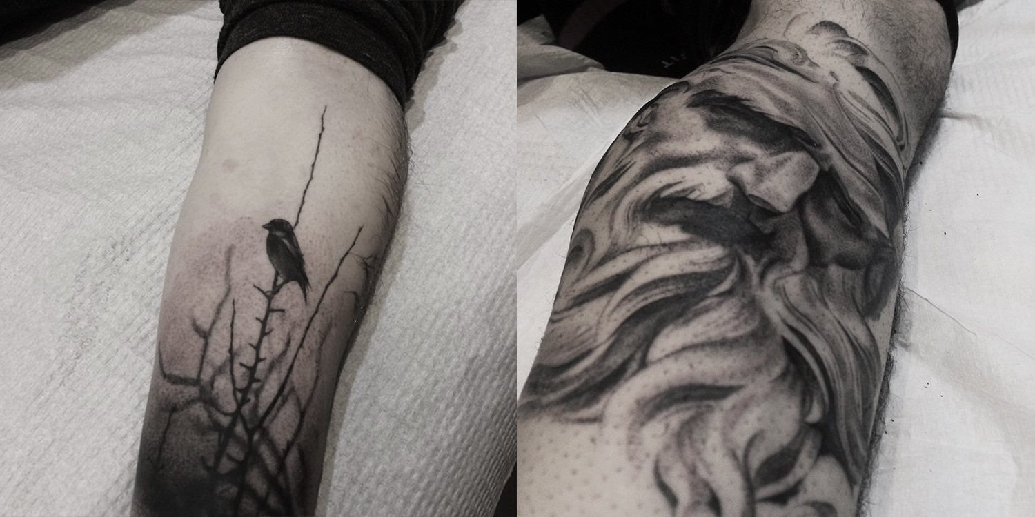 black and grey leg tattoos by david allen