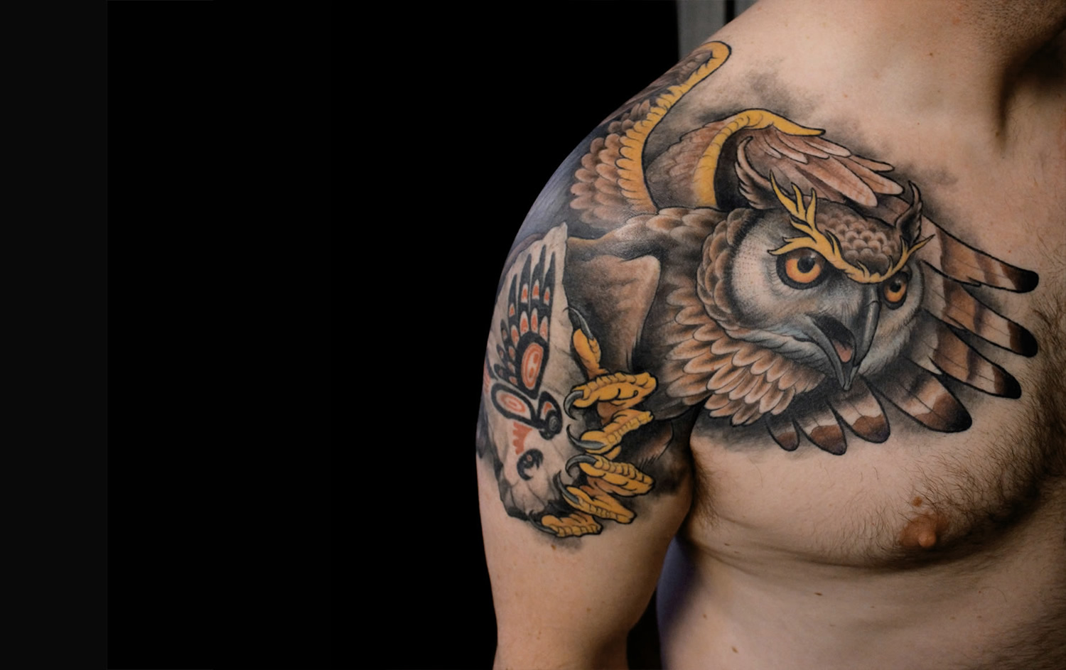 owl tattoo on shoulder, by shawn barber