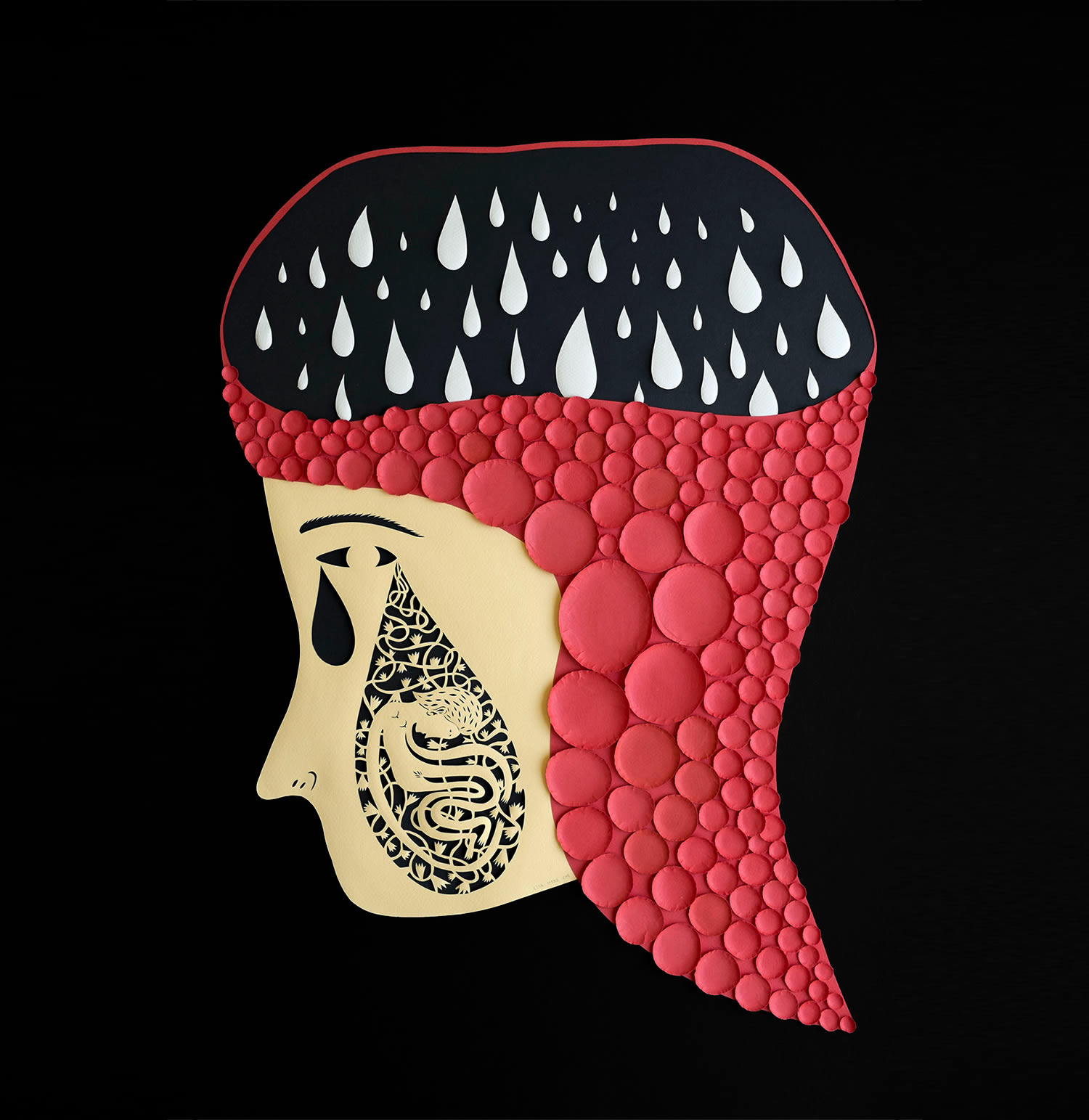 raindrops in head, paper cut portrait by elsa mora