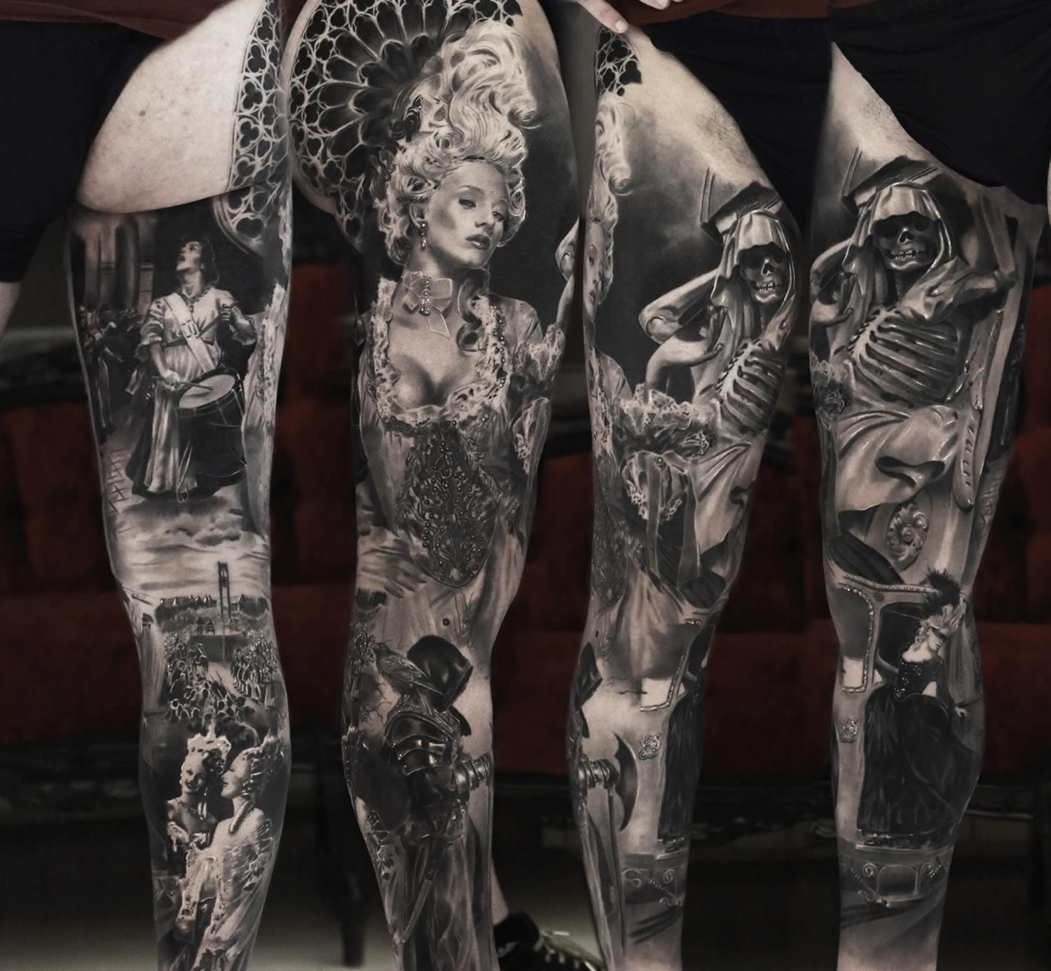 hyperrealistic tattoo on leg, ancien regime, woman with white wig