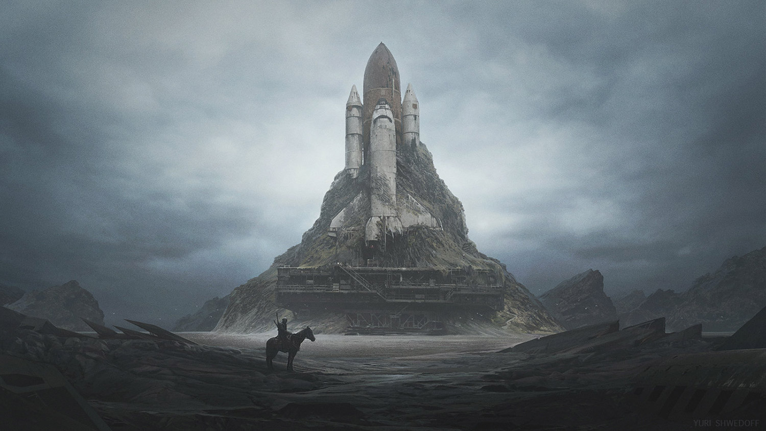 Yuri Shwedoff, White Castle - horse rider in front of space shuttle