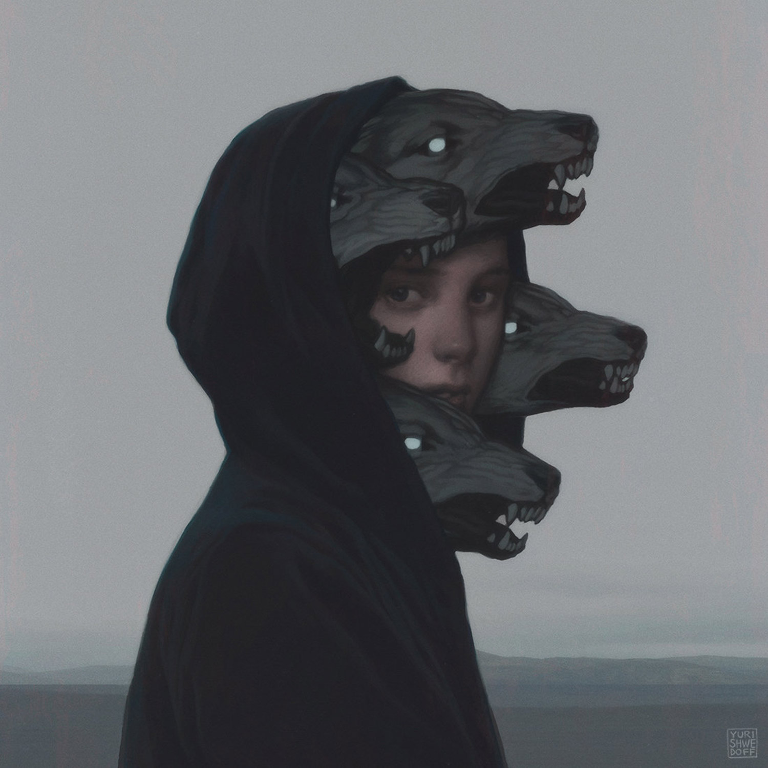 Yuri Shwedoff, Wolf Pack - hooded figure with multiple wolf heads