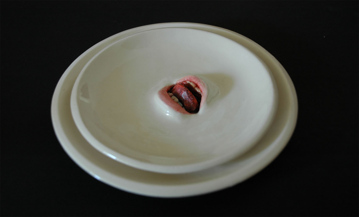 realistic lips emerging from plate, art by Ronit Baranga