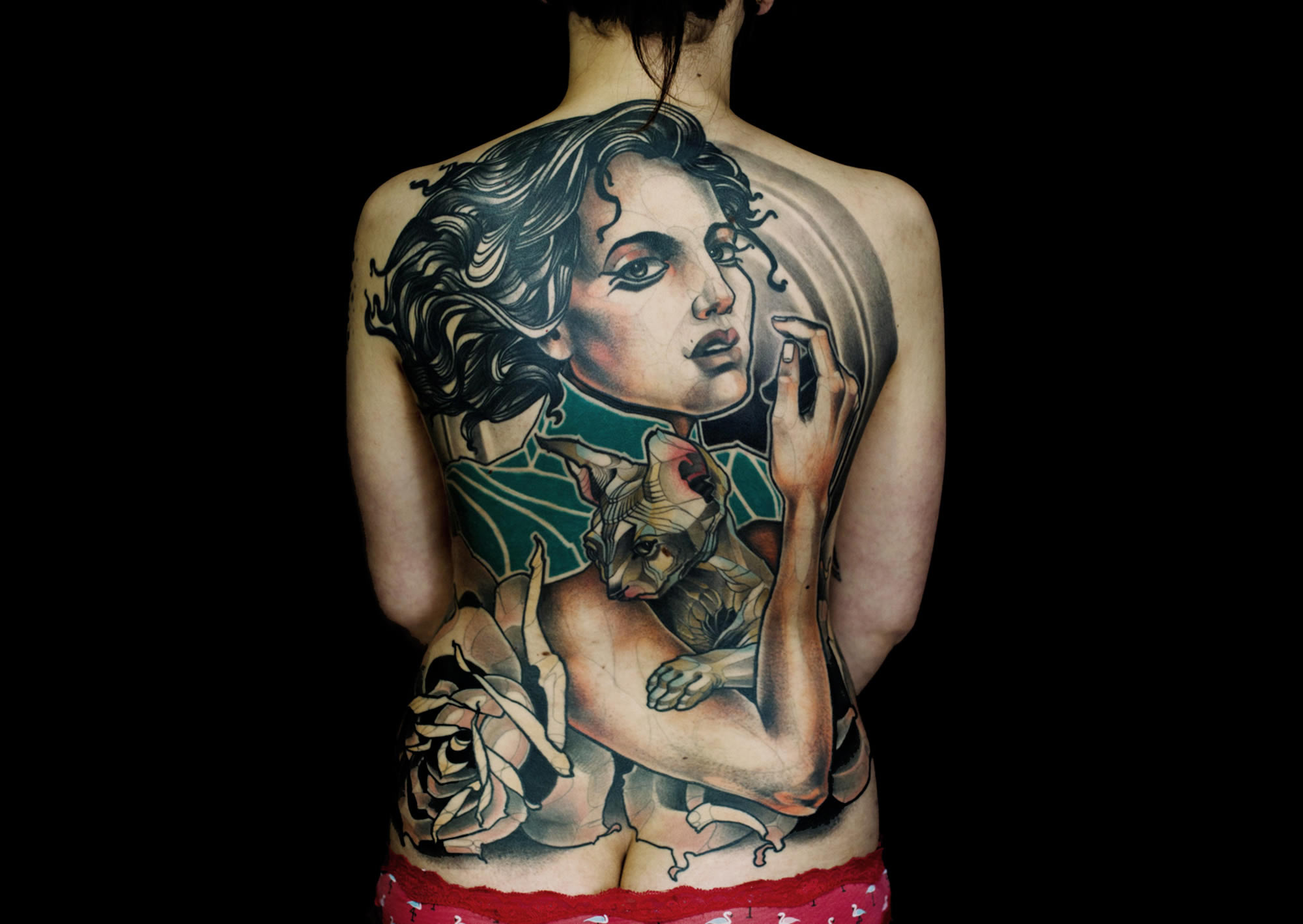 woman with cat, Full back tattoo by Renan Batista
