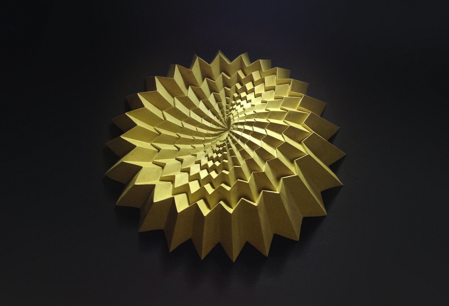 yellow fractal origami by robby kraft, inspired by Robert J. Lang