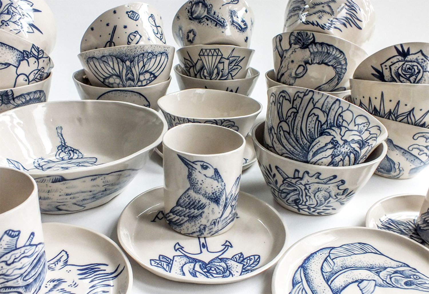 tattooed ceramics, cups, plates. Blue ink on white, Ceramics by Antikapratika