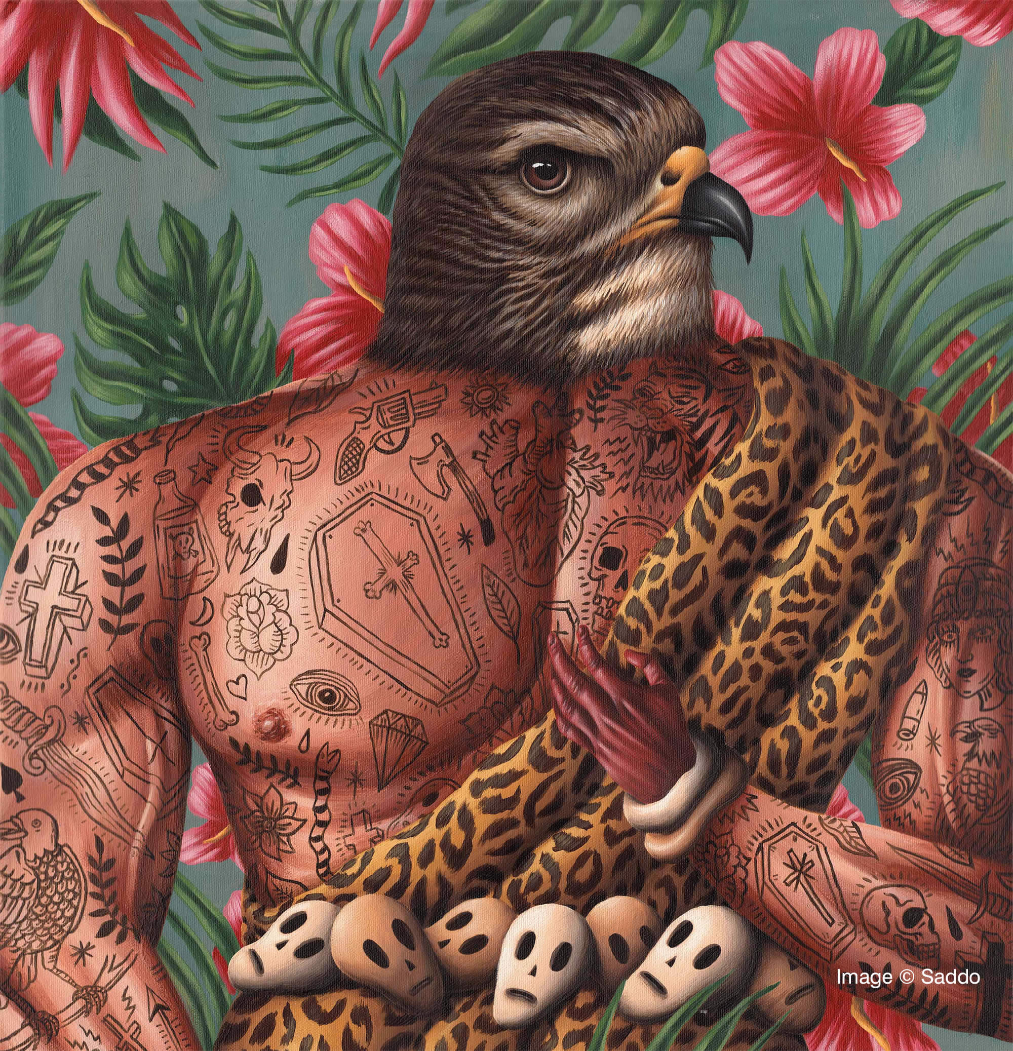 coffin v, falcon-headed man, tattooed illustration by saddo