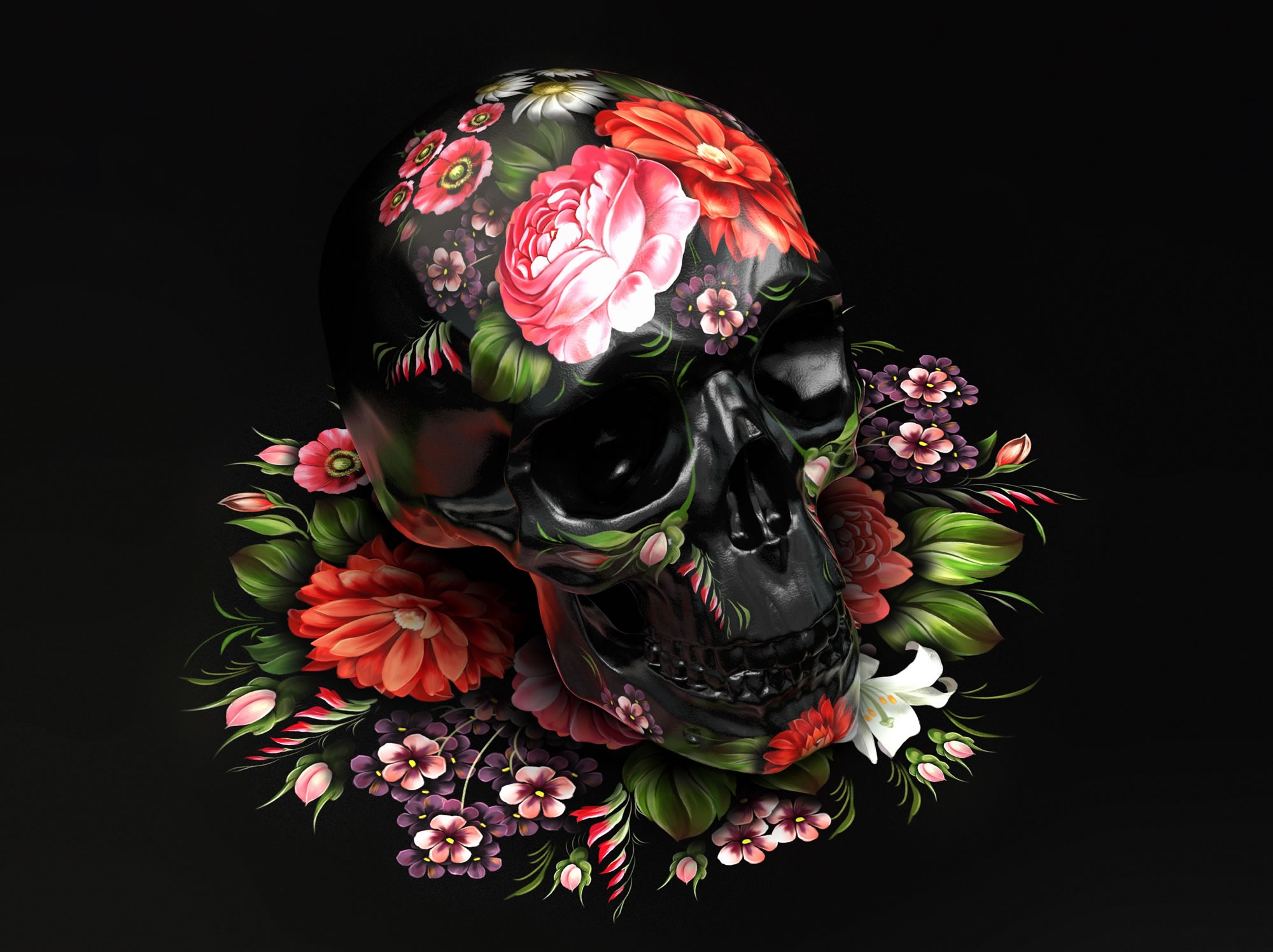 black skull with flowers, Folk Fusion Poster by Aleksandra Vinogradova