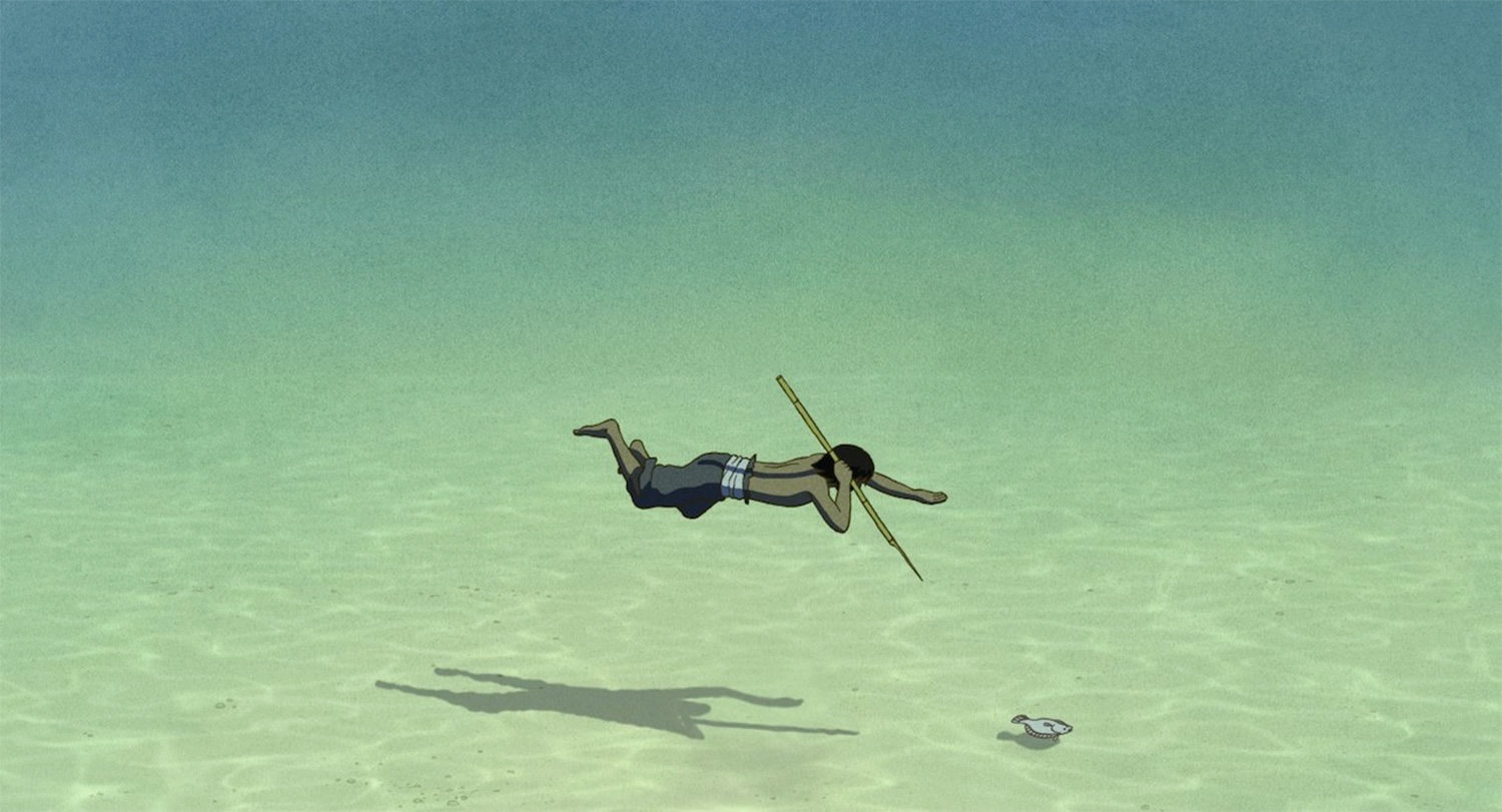 man spearfishing in The Red Turtle, anime