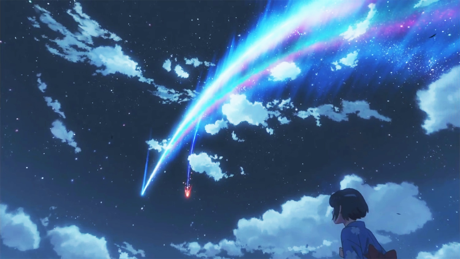 girl looking at the sky, comet flying over, Kimi no Na wa./your name