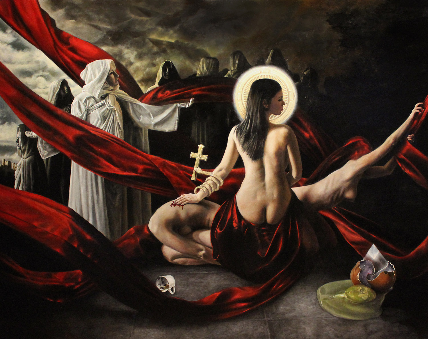 Christopher Pew - red scarves, white-robed figures, nude, religious imagery