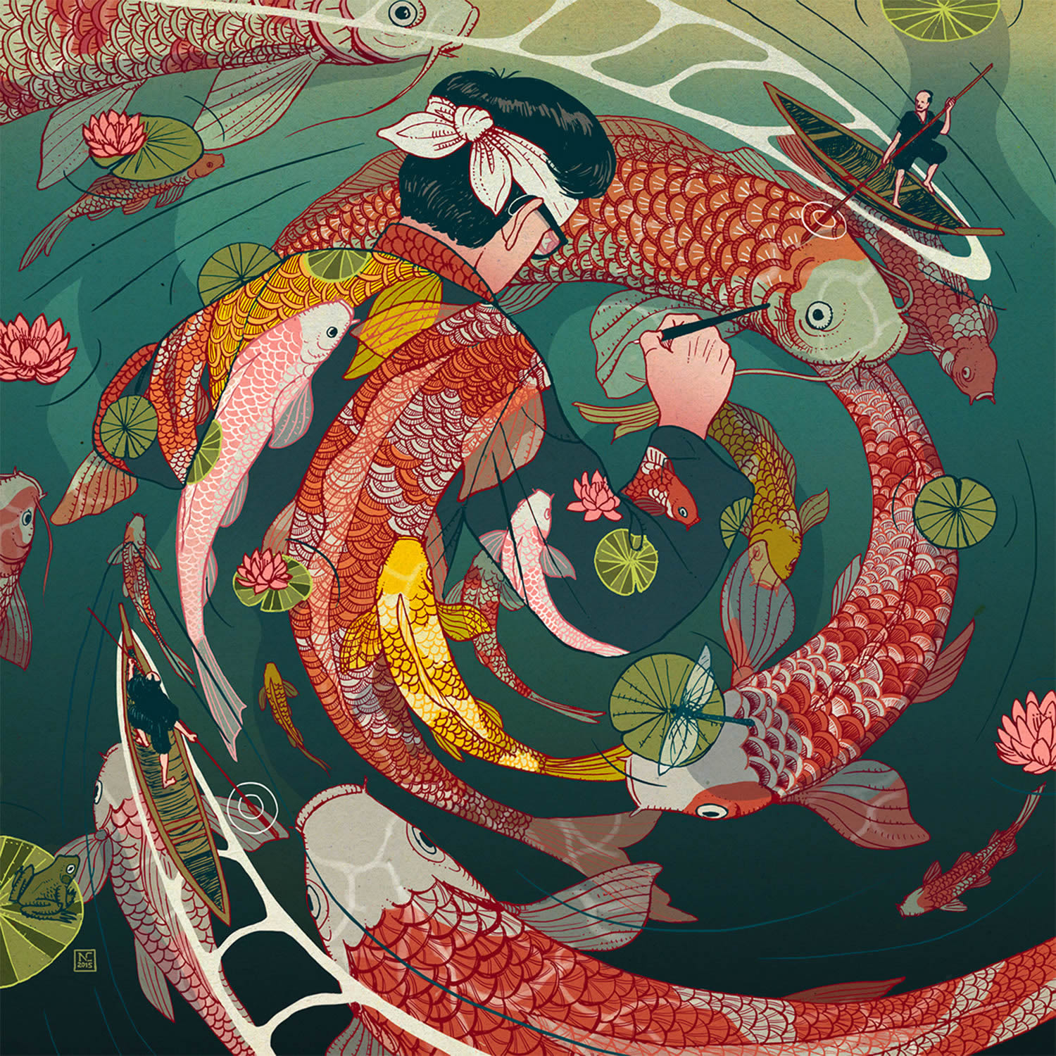 japanese style illustration, man swirling with koi fishes, by Nicolás Castell