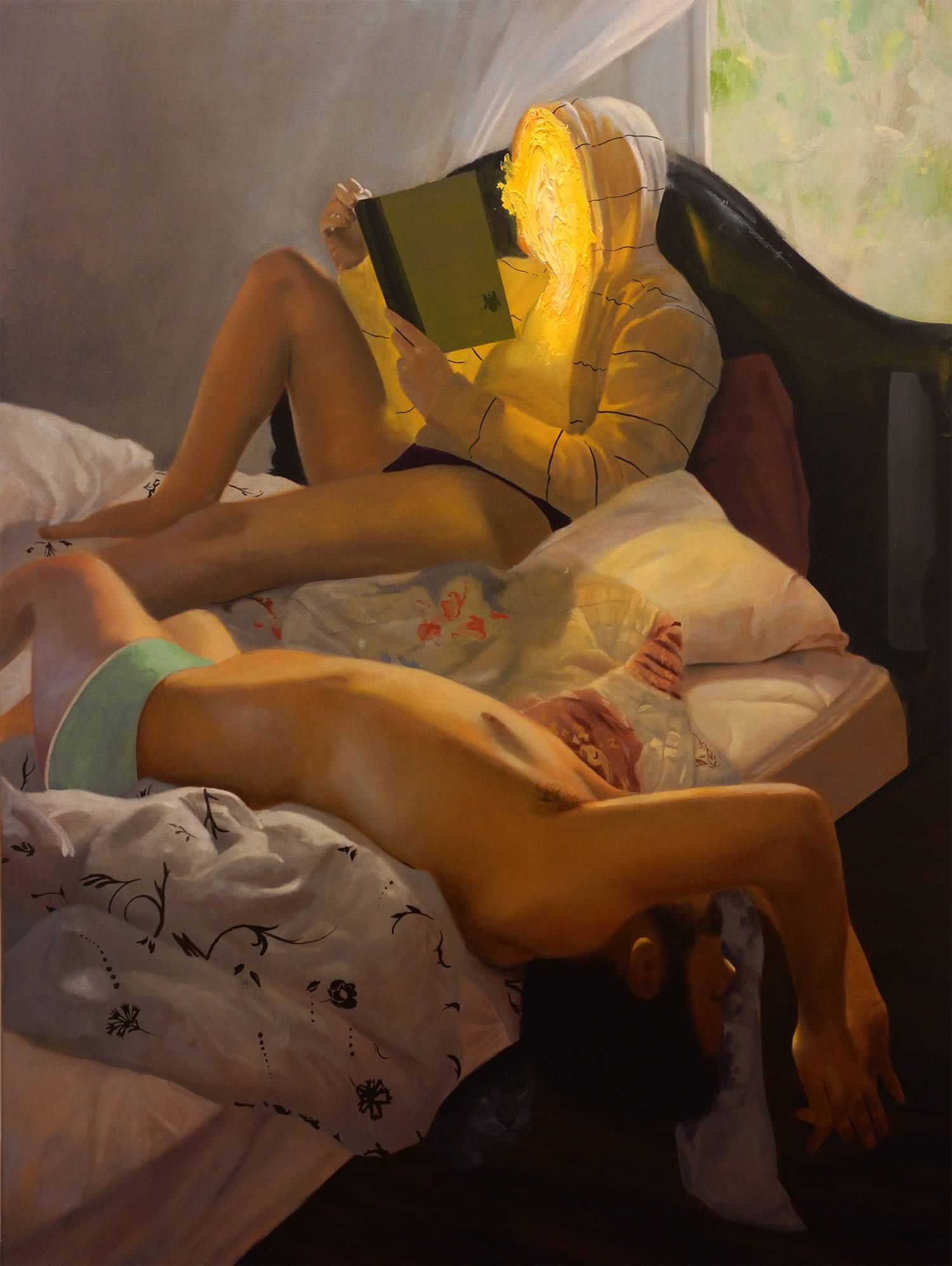 two men on bed, warm colors, painting