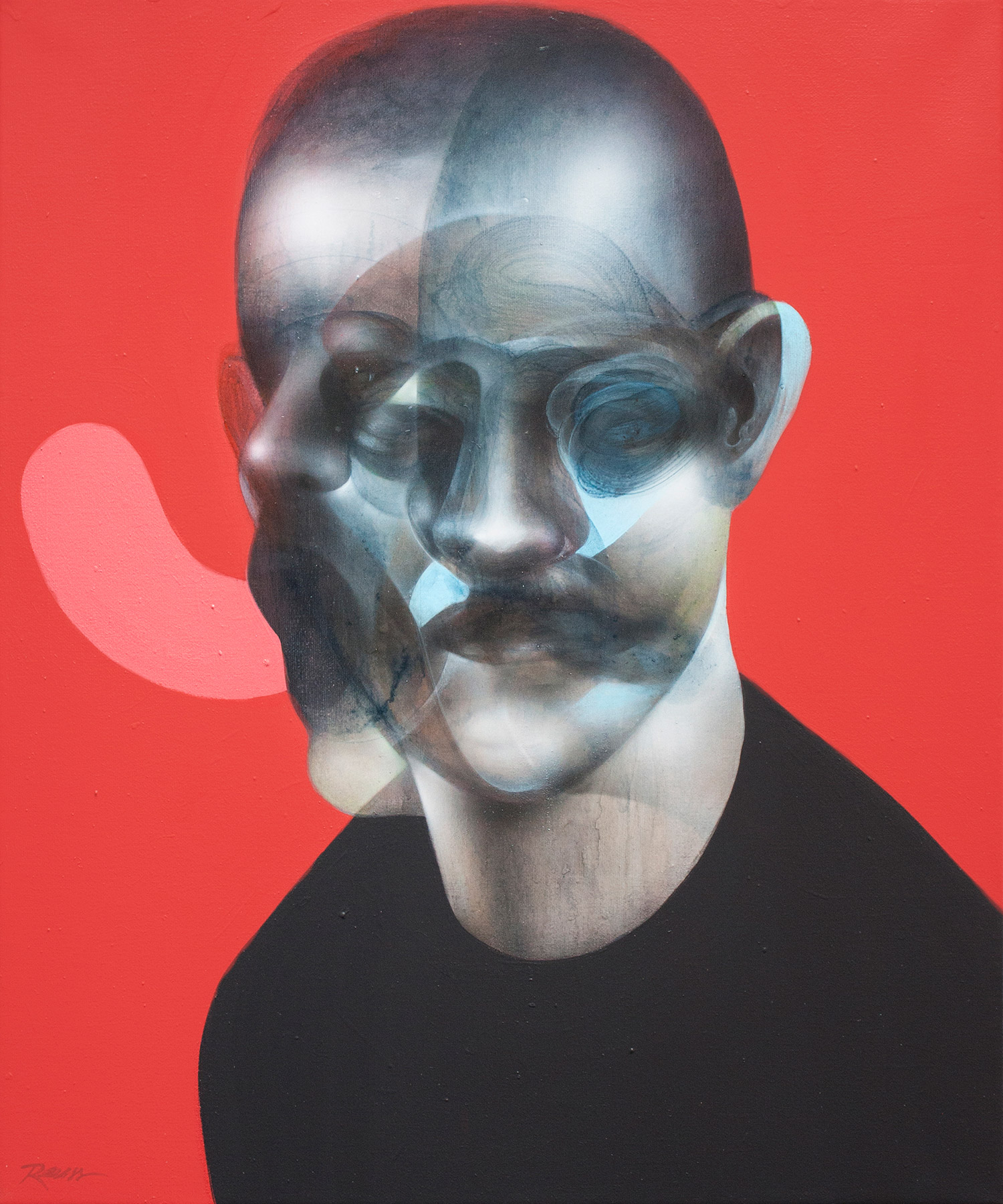 John Reuss - head with blurred, multiple faces and red backdrop