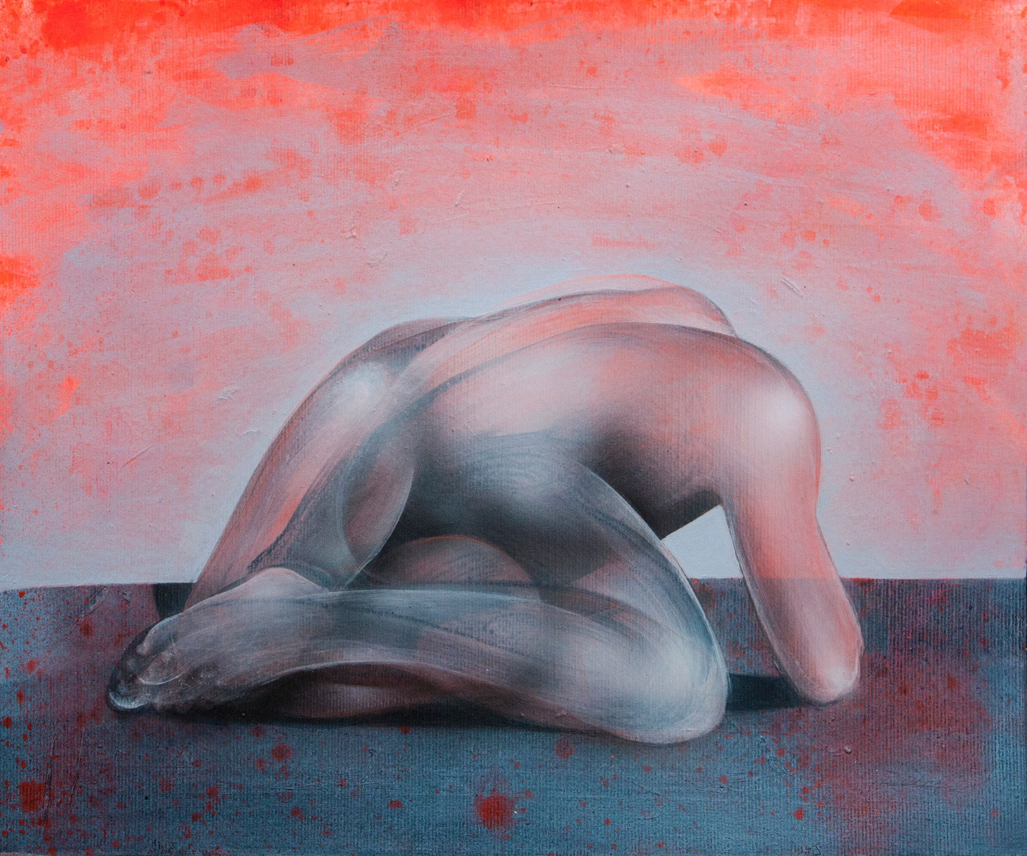 John Reuss - Untitled - red backdrop with crouching figure