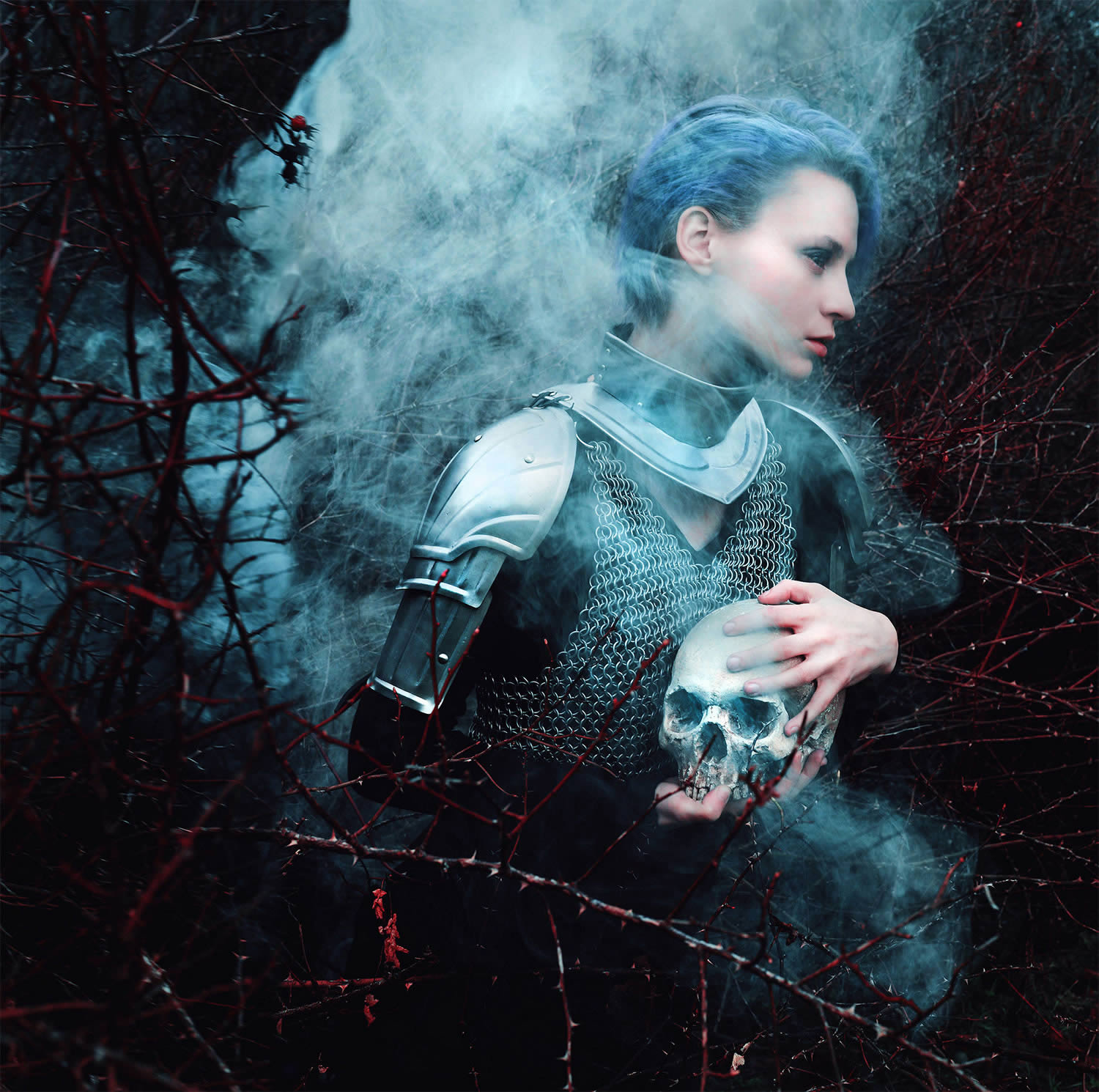 blue haired knight, smoke and skull