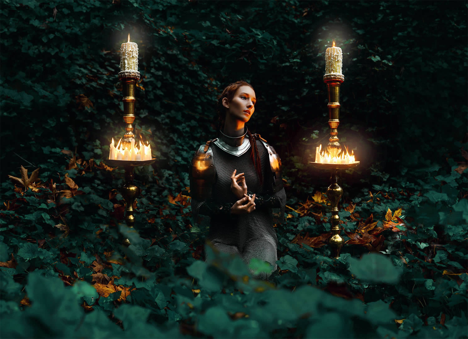 knight in forest, kneeled, candles