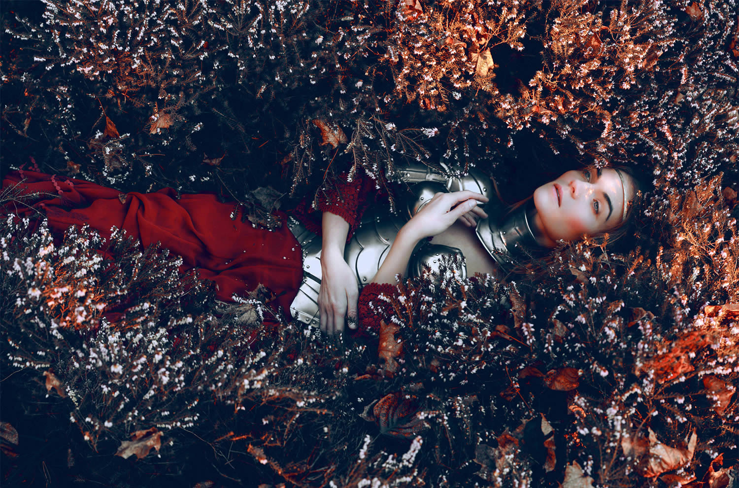 knight, maiden lying on forest floor