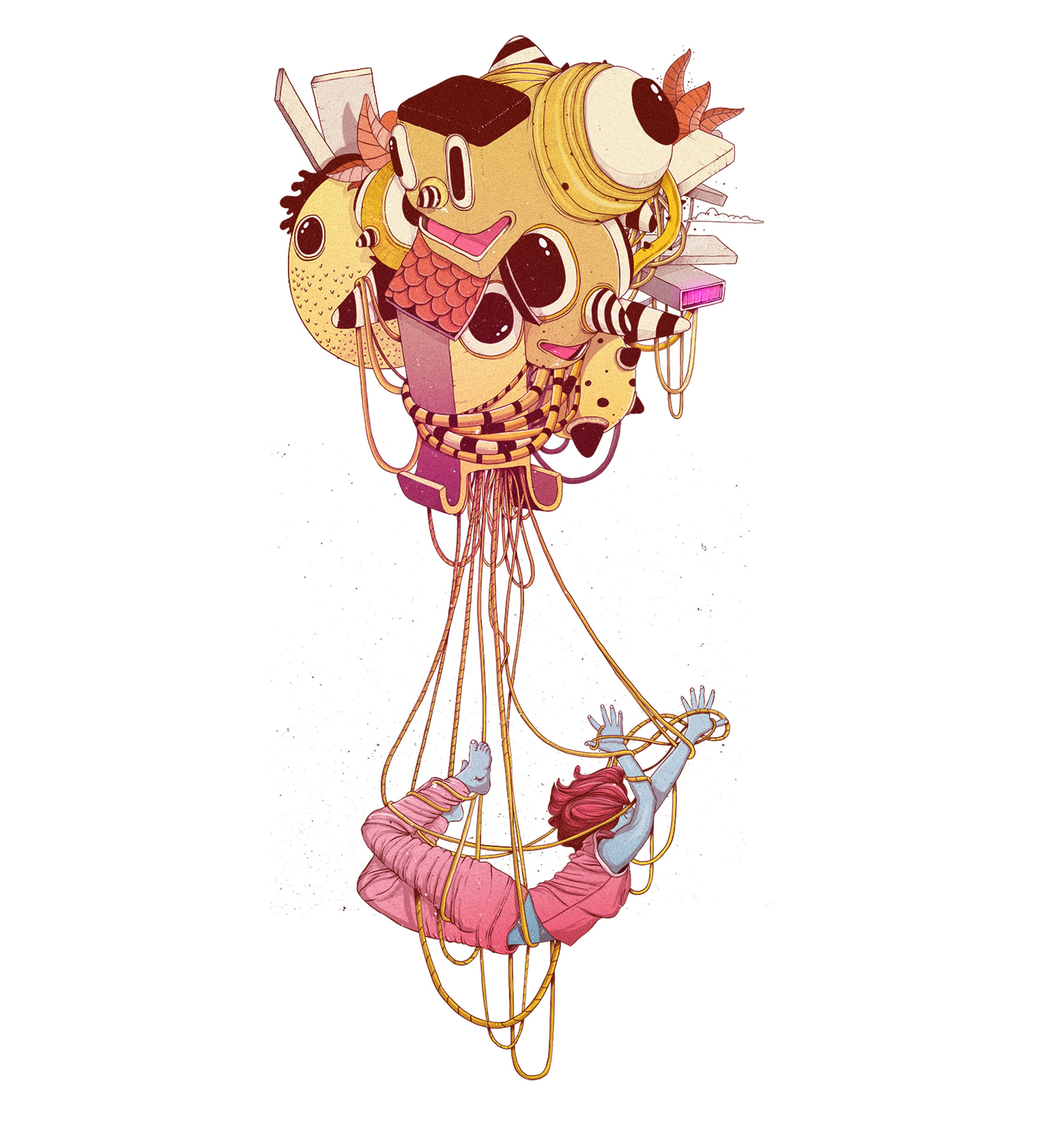 migraine, girl hanging from a balloon of junk