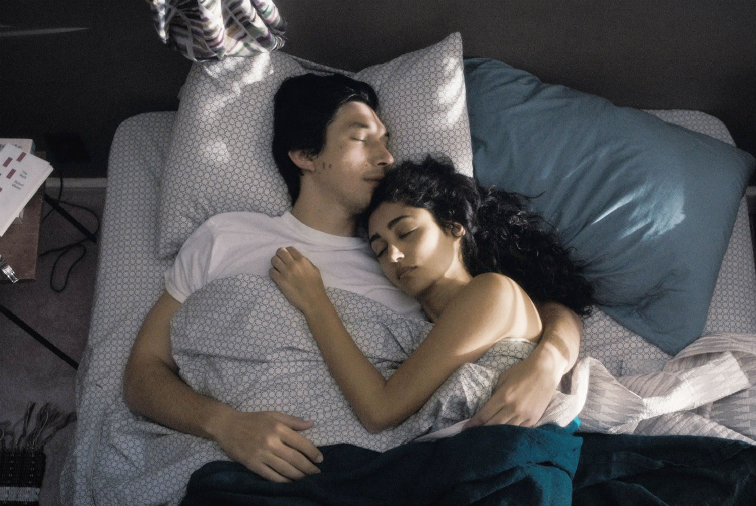 romantic couple sleeping in bed, paterson movie 2016