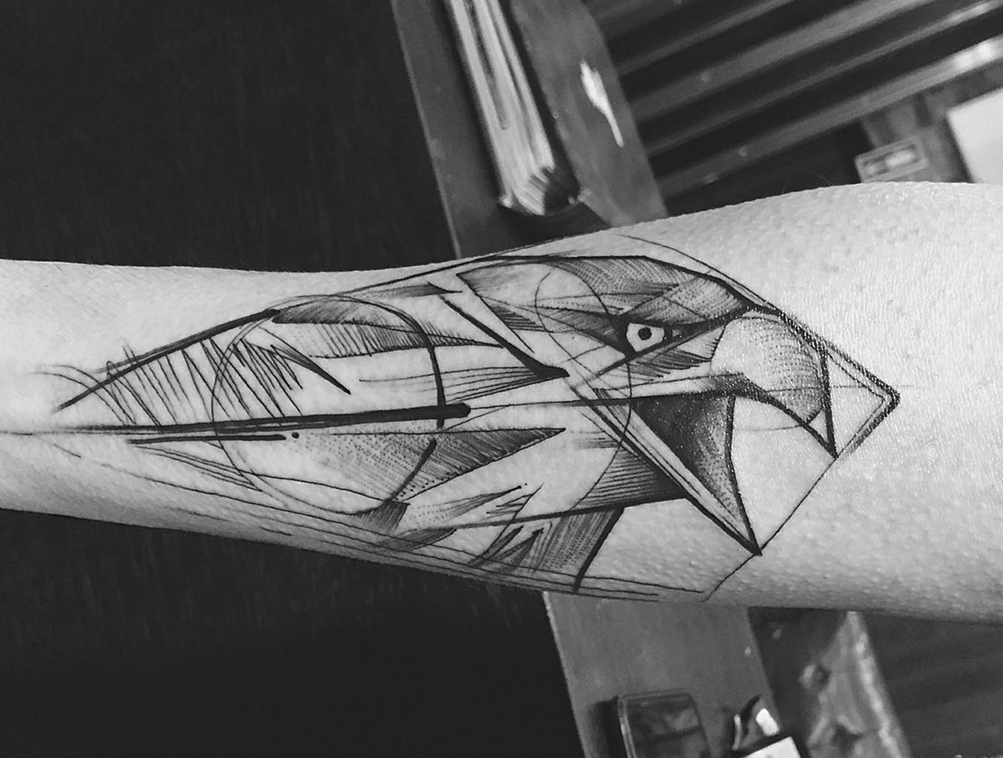 hawk tattoo on arm, linework, black ink