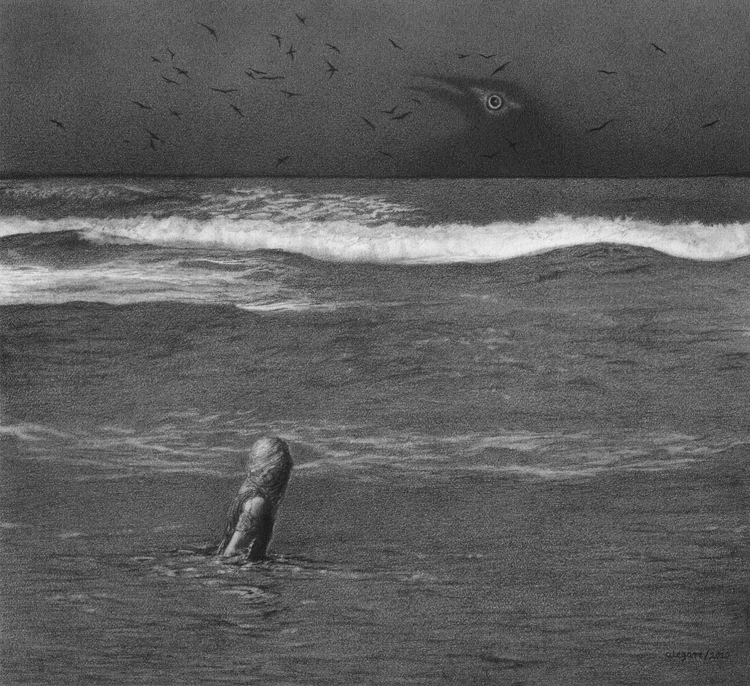 graphite drawing of the sea by alejandro garcia restrepo