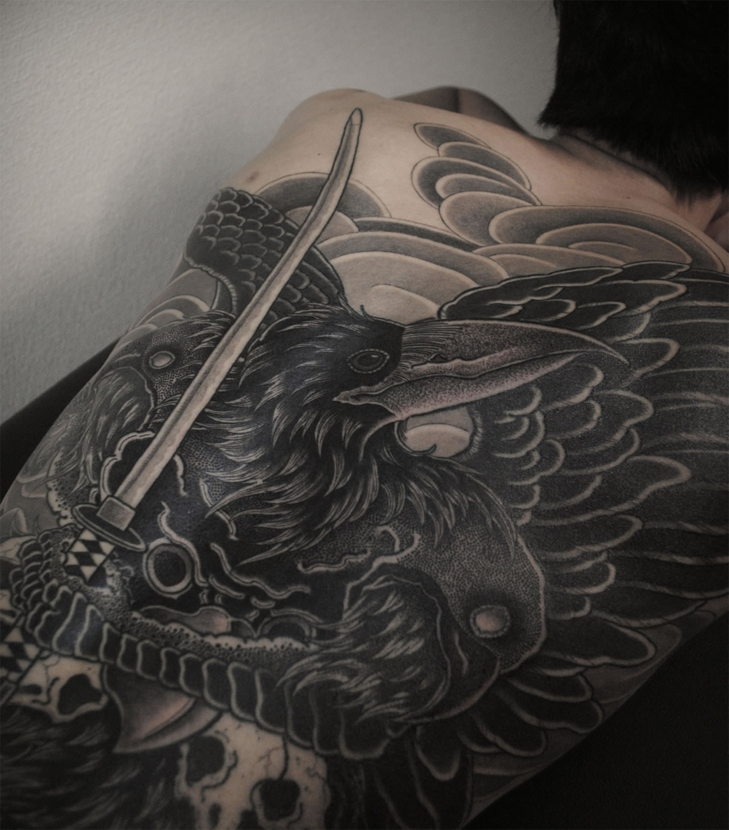 back tattoo, black ink, bird