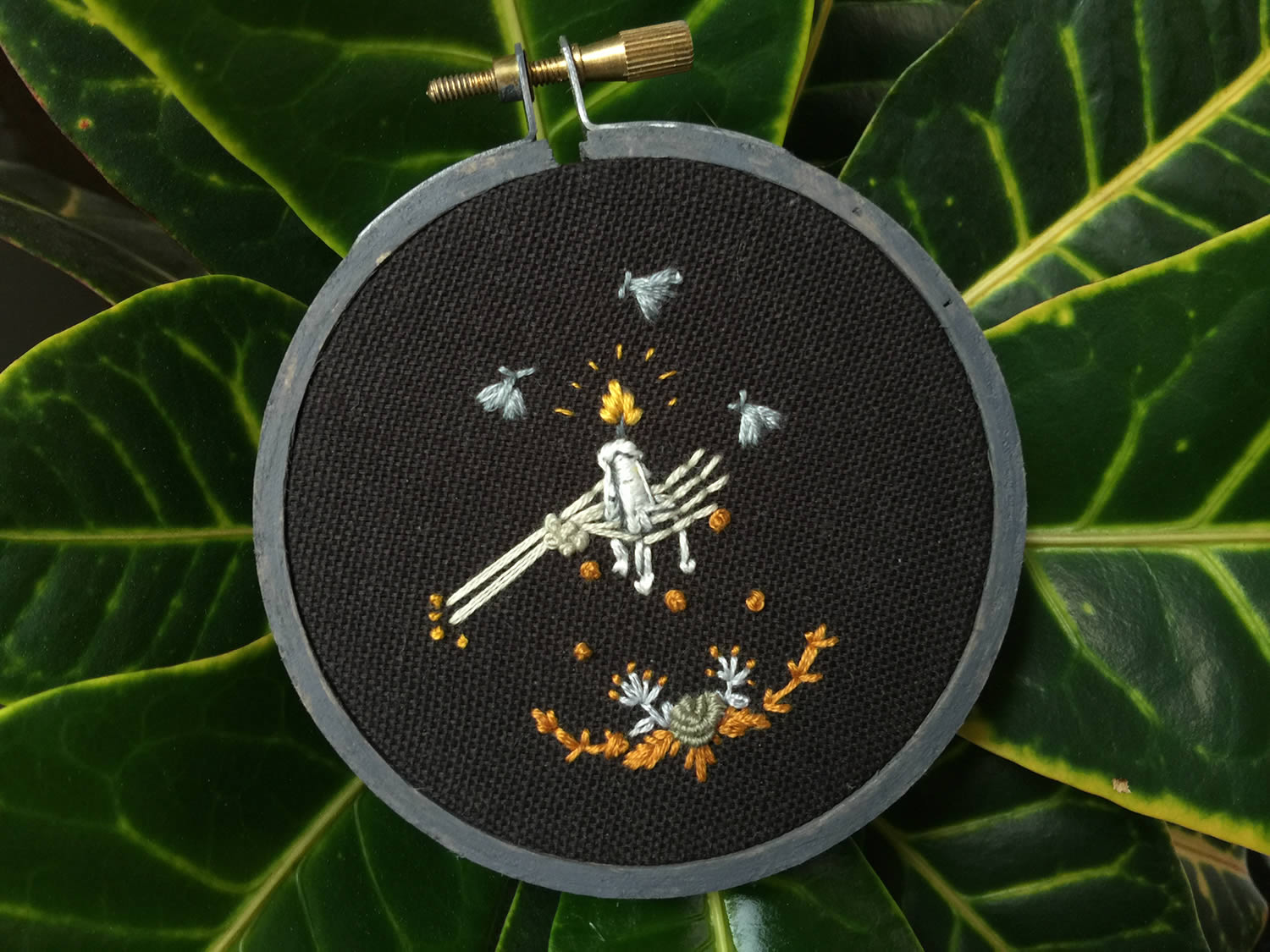 human arm and hand skeleton, embroidery, hoop art