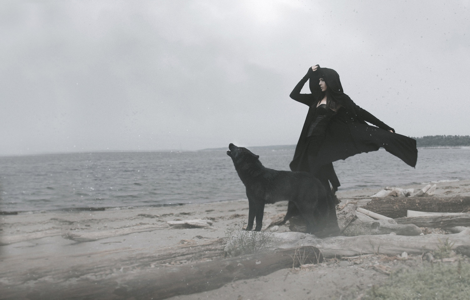 Ashley Joncas (Enigme) - woman in dark cloak with wolf